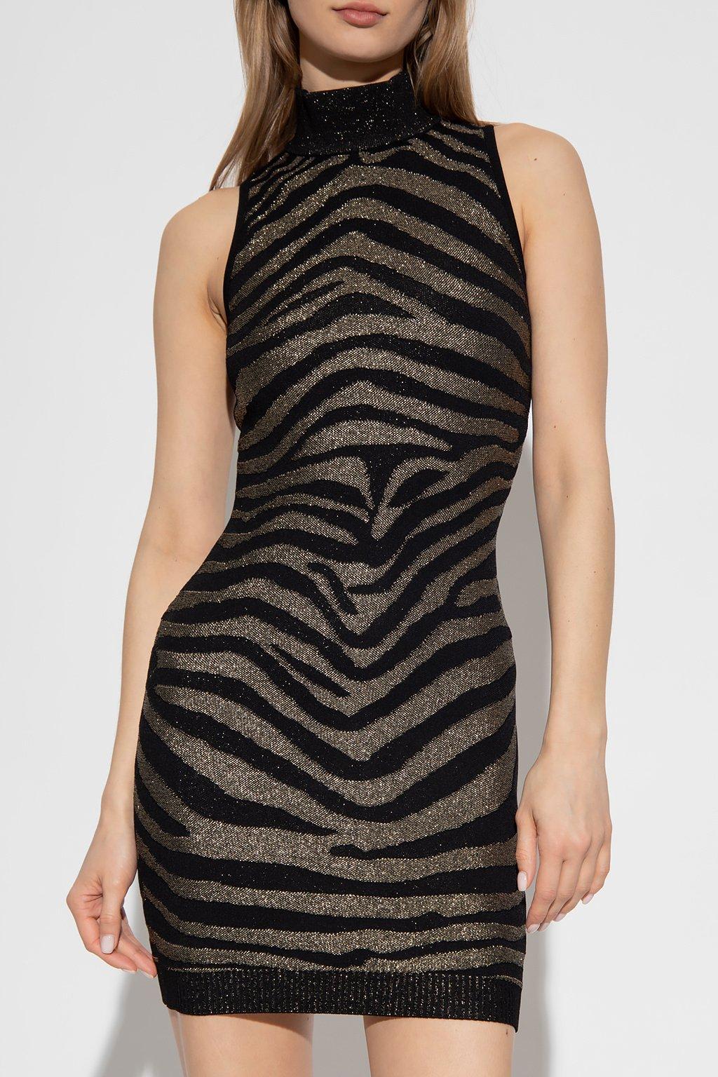 Shop Balmain Zebra Printed Highneck Mini Dress In Black