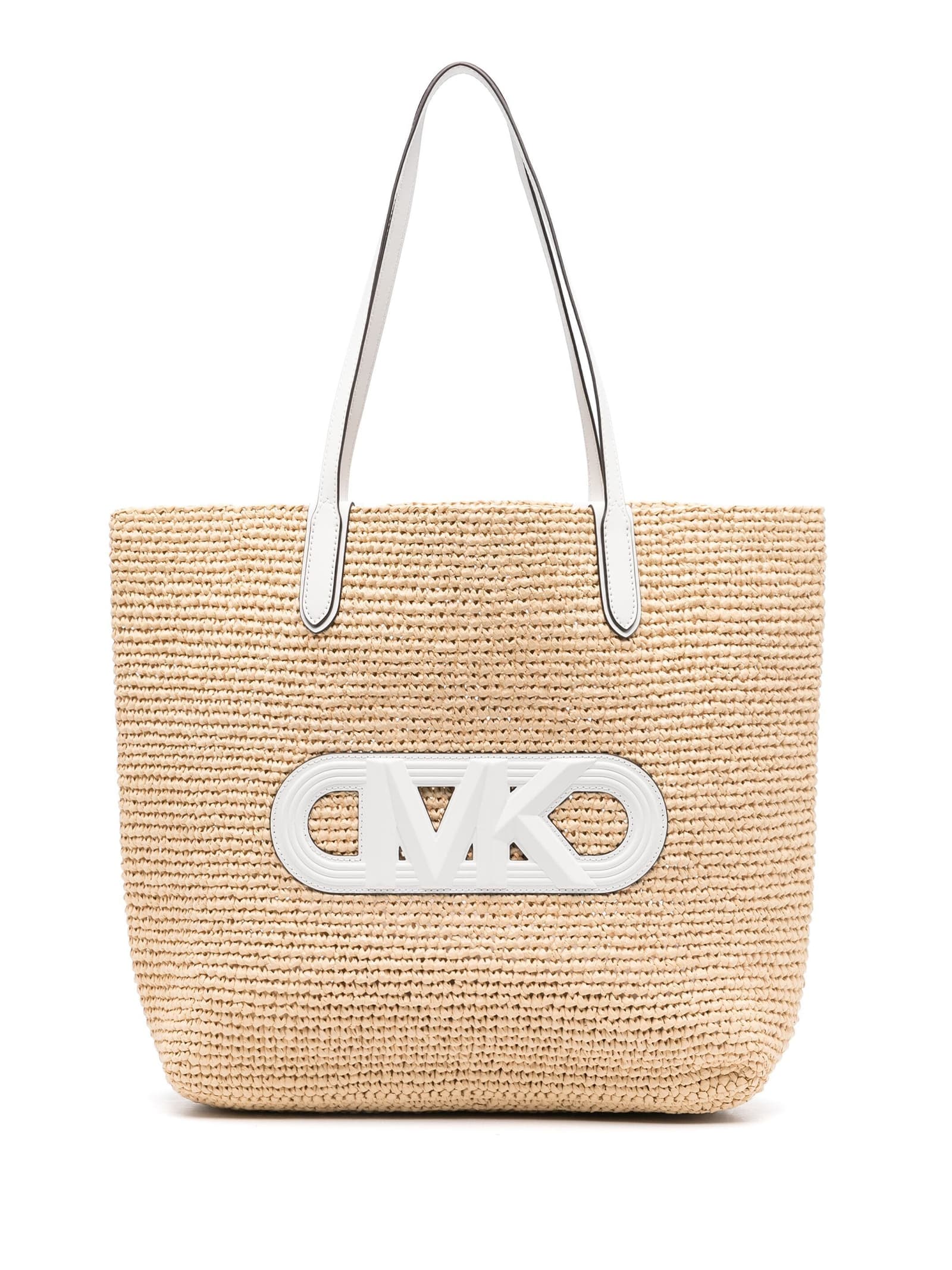 Shop Michael Kors Eliza Extra-large Straw Tote Bag With Empire Logo In Nat Optic White