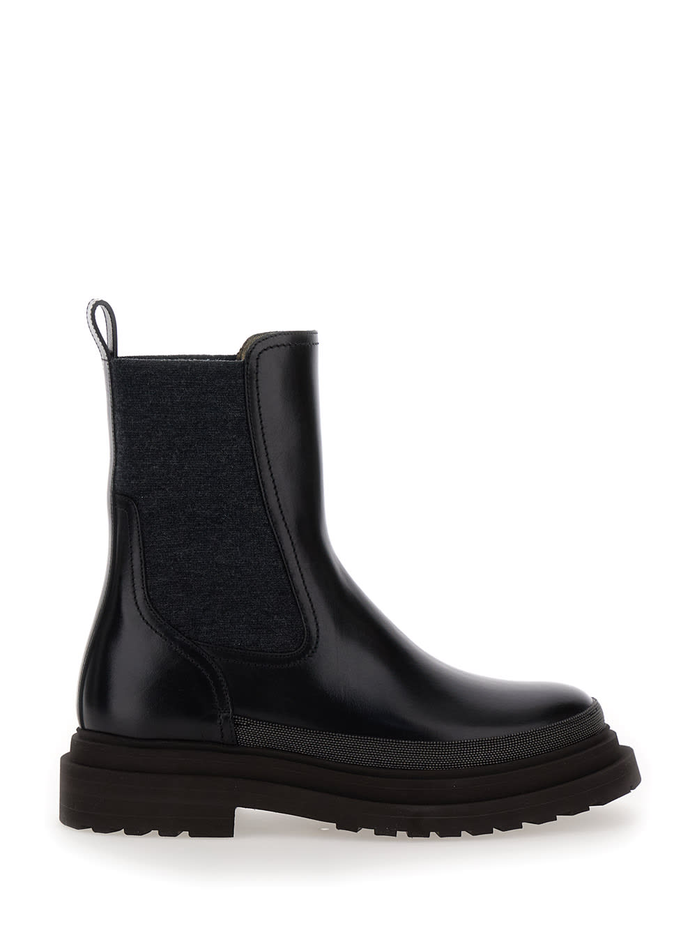 Shop Brunello Cucinelli Black Slip-on Boots With Lug Sole And Monile In Leather Woman