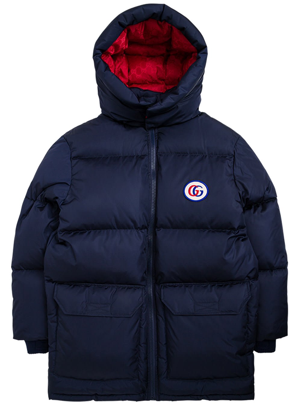 Gucci Blue Nylon Down Jacket With Logo Patch