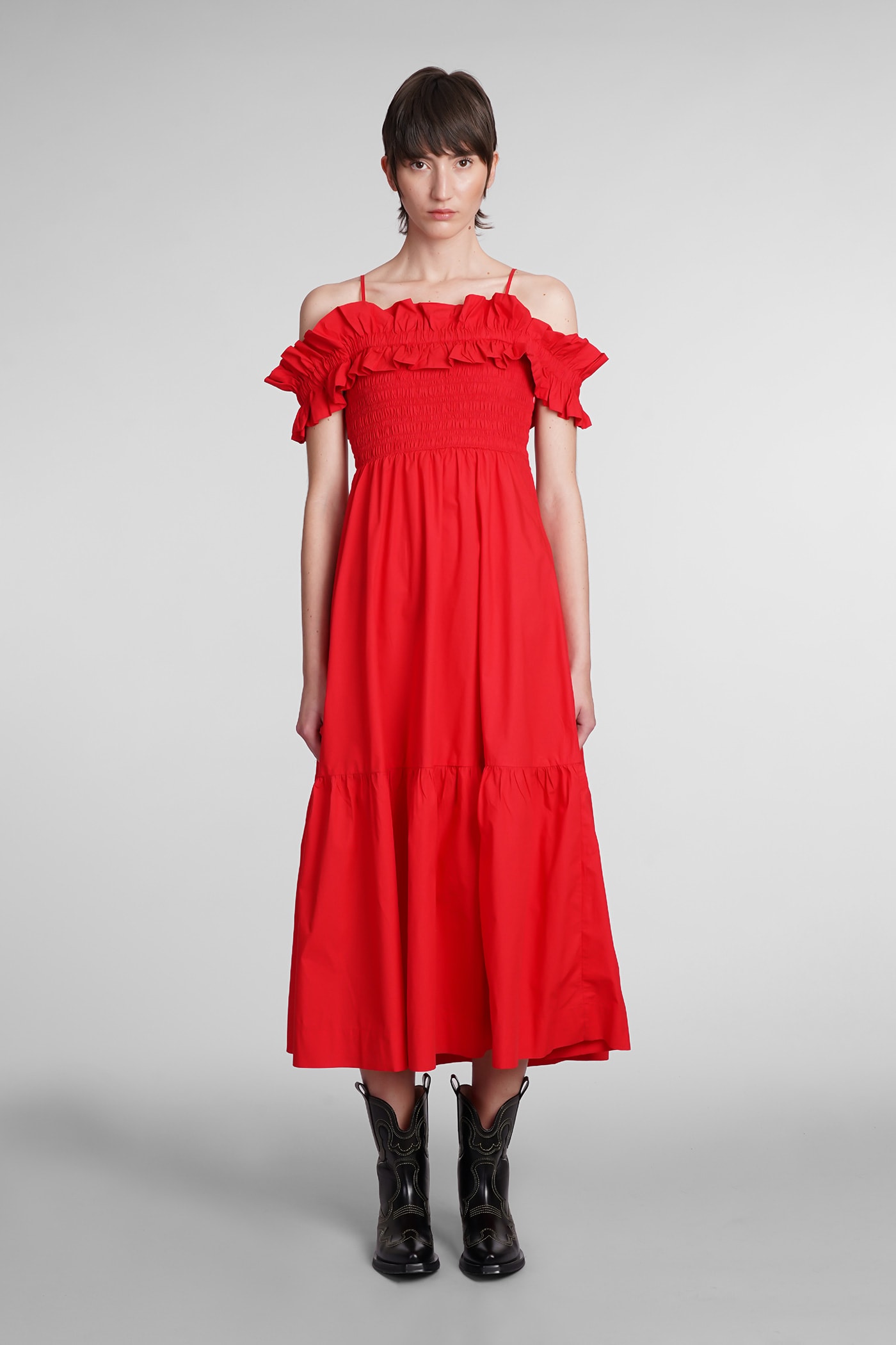 Shop Ganni Dress In Red Cotton