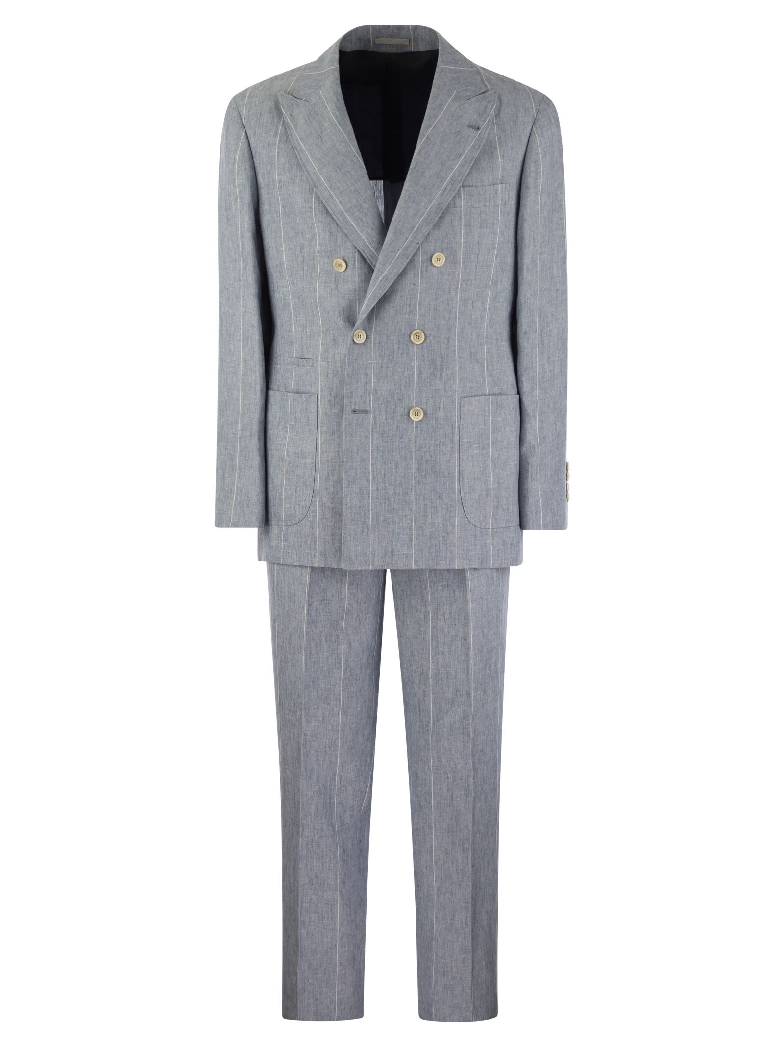 Shop Brunello Cucinelli Broad Pinstripe Linen Suit In Sky