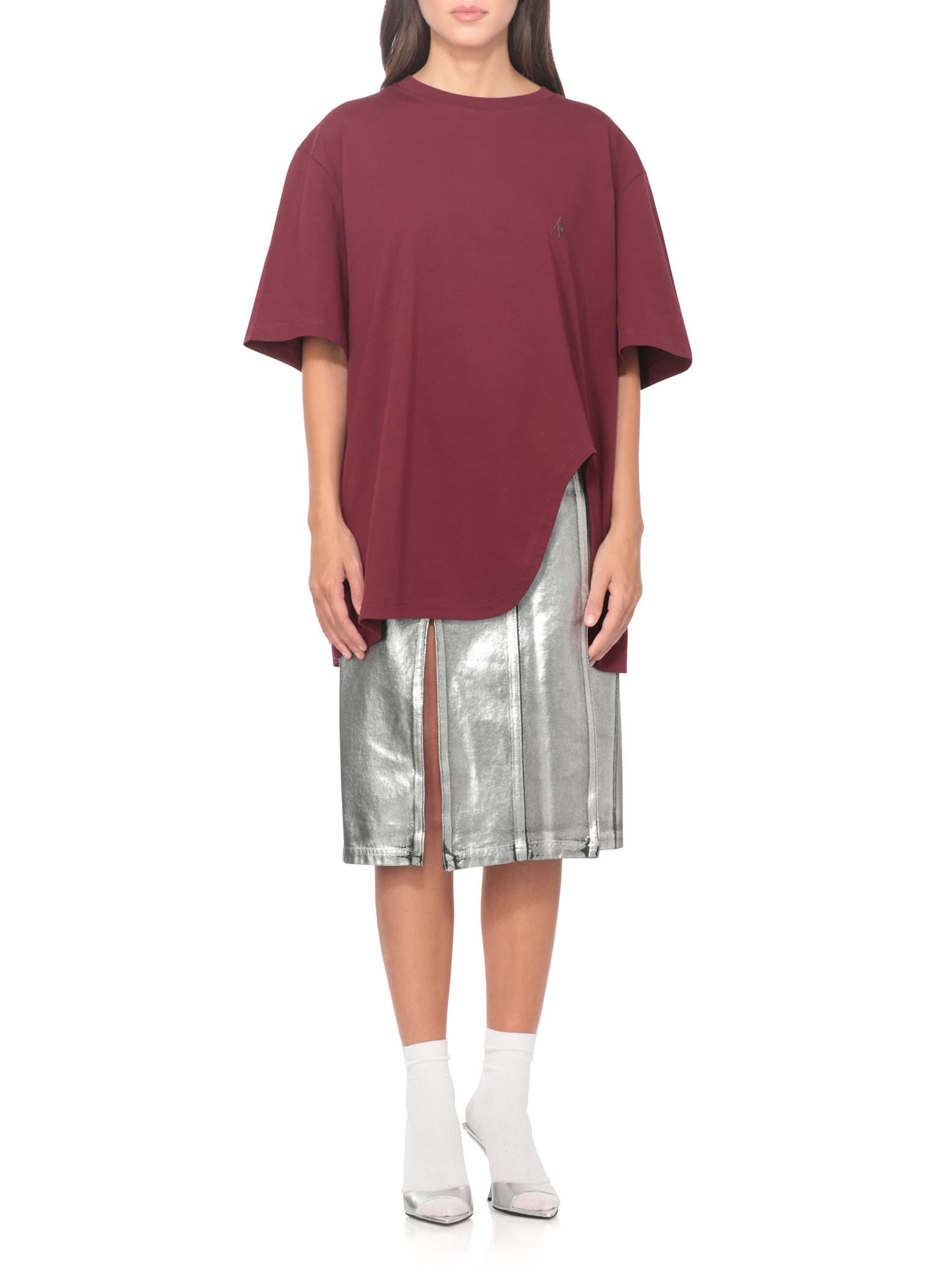 Attico Short Sleeves With Asymmetric Hem And Embroidered Detail In Burgundy