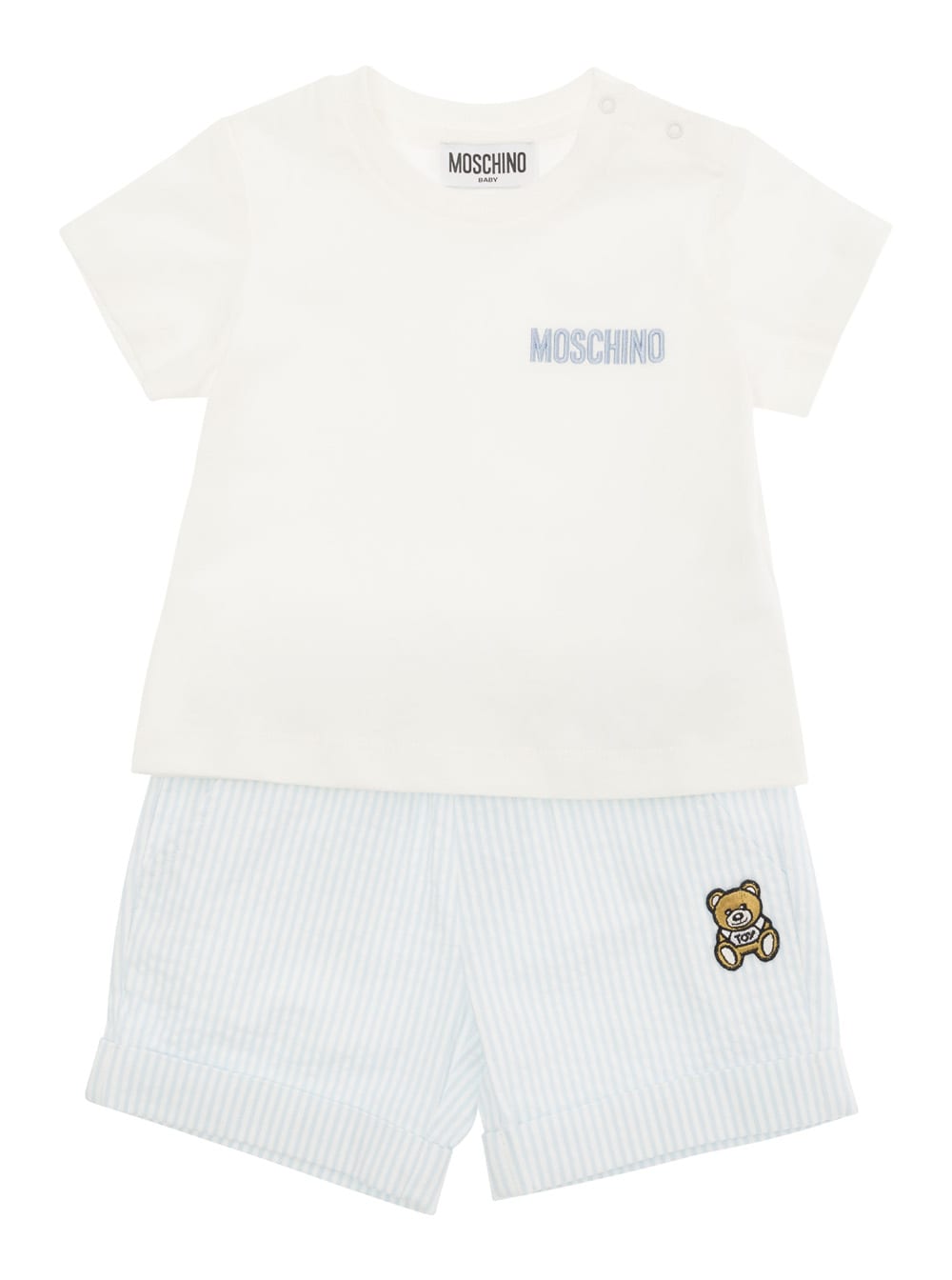 Moschino Light Blue And White T-shirt And Shorts Set In Stretch Cotton Baby