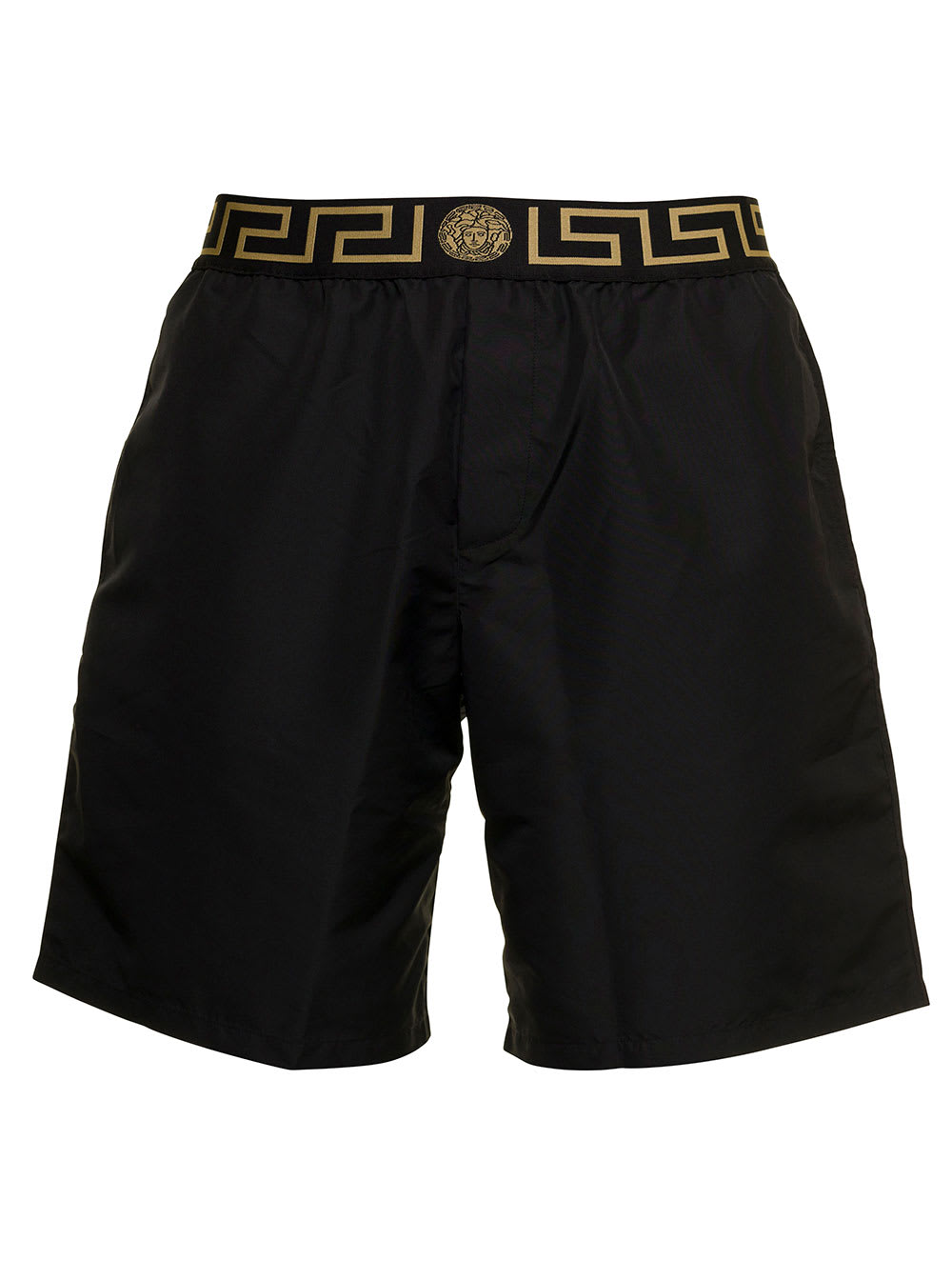 Versace Mans Black Nylon Beach Bermuda Shorts With Logo