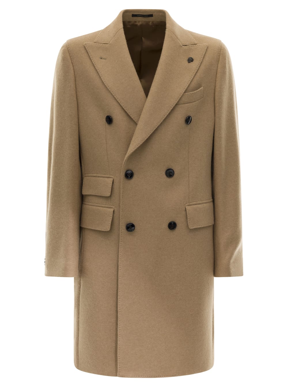 Camel Brown Four Pockets Double-breasted Coat In Jersey Man Gabriele Pasini