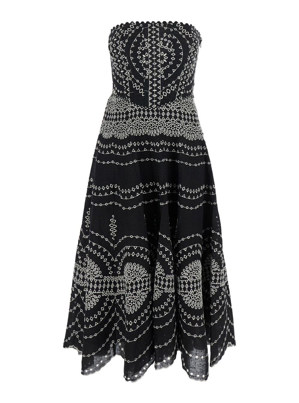 iris Black Long Dress With All-over Embroideries And Ruffled Skirt In Cotton And Linen Blend Woman