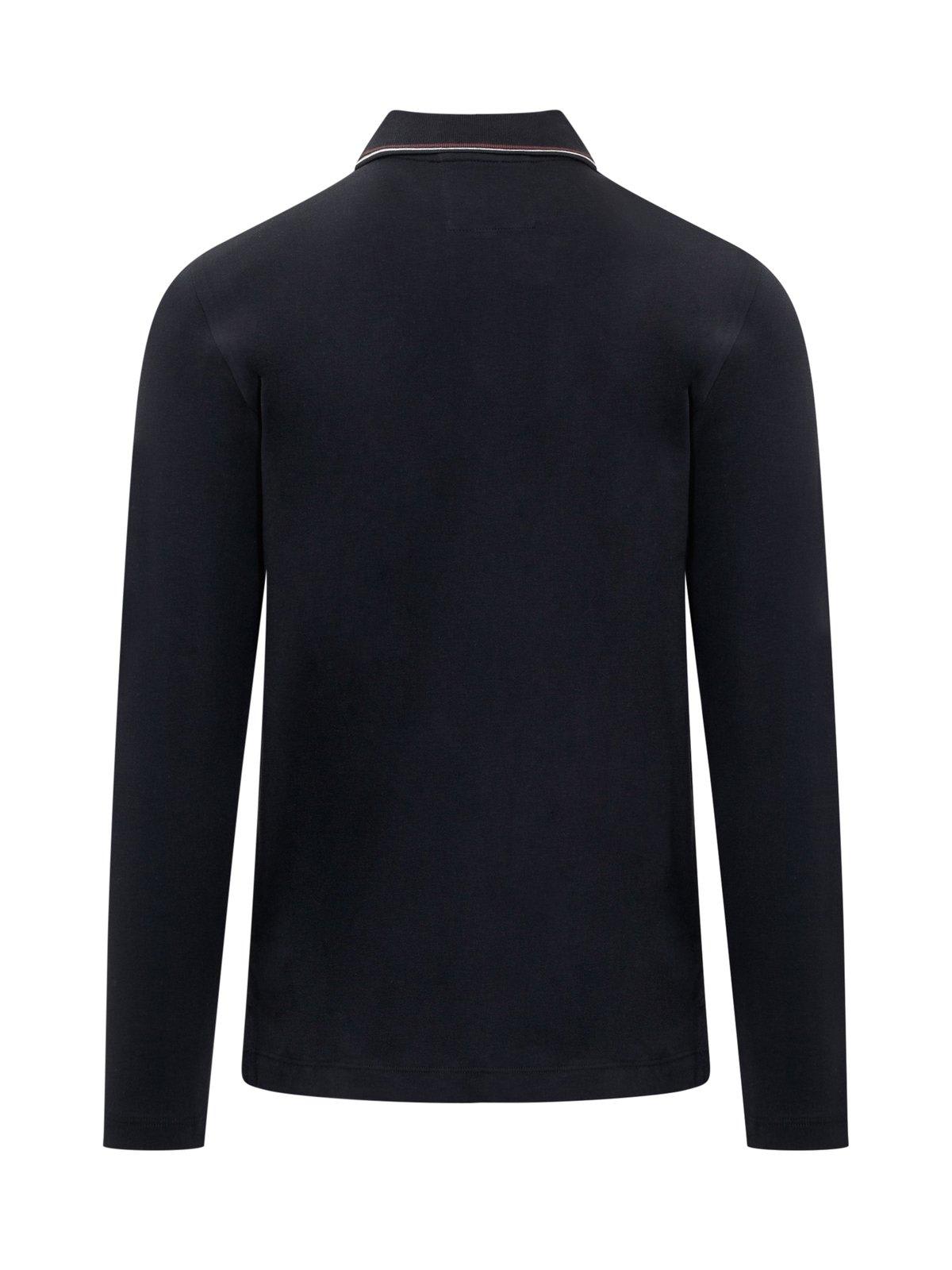 Emporio Armani Blue Long Sleeve Polo Shirt With Logo Embroidery In Stretch Cotton In Black