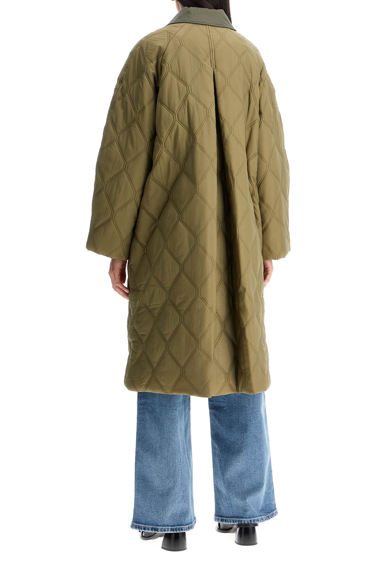 Shop Ganni Long Quilted Padded Coat In Kalamata (khaki)