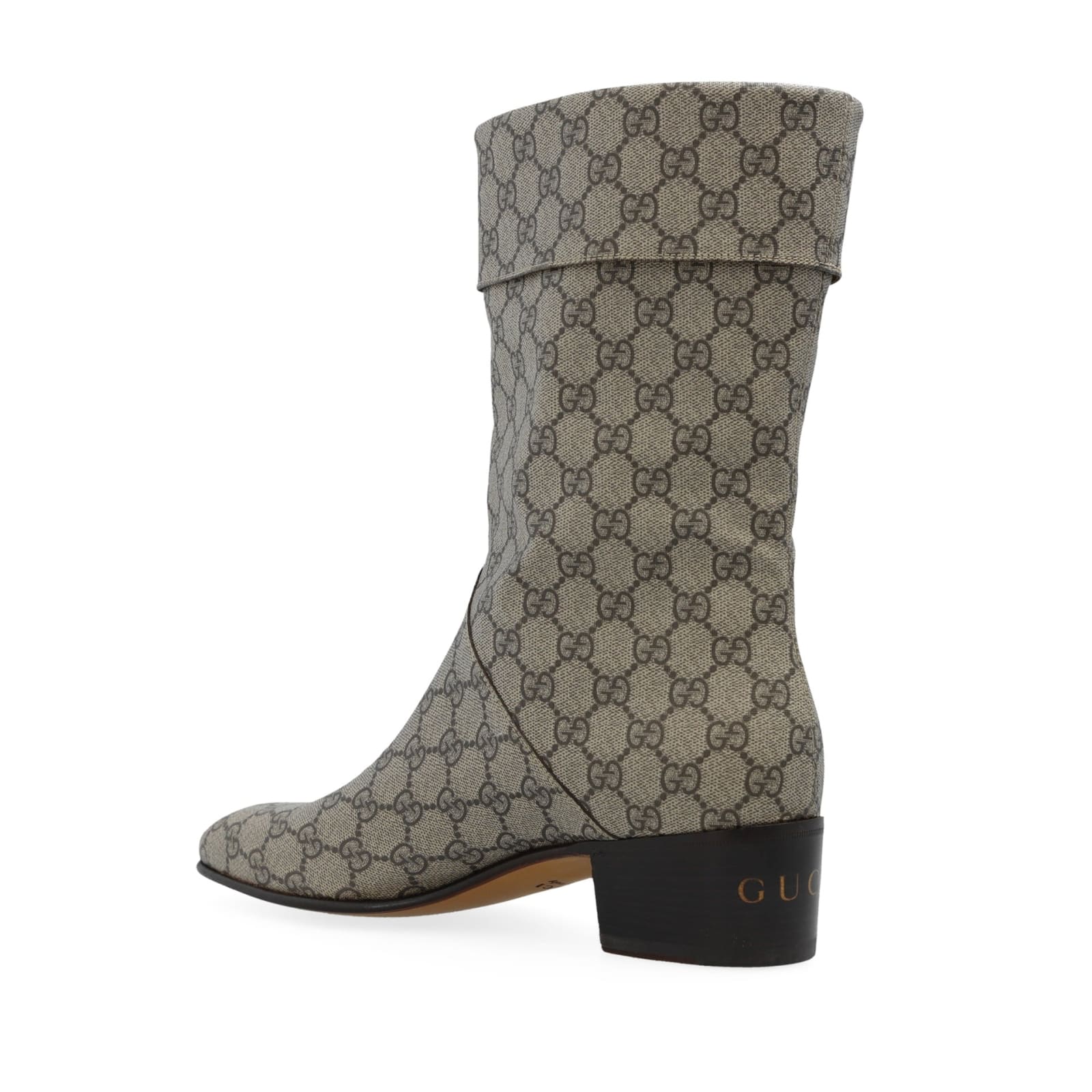 Shop Gucci Heeled Monogram Boots In Beige