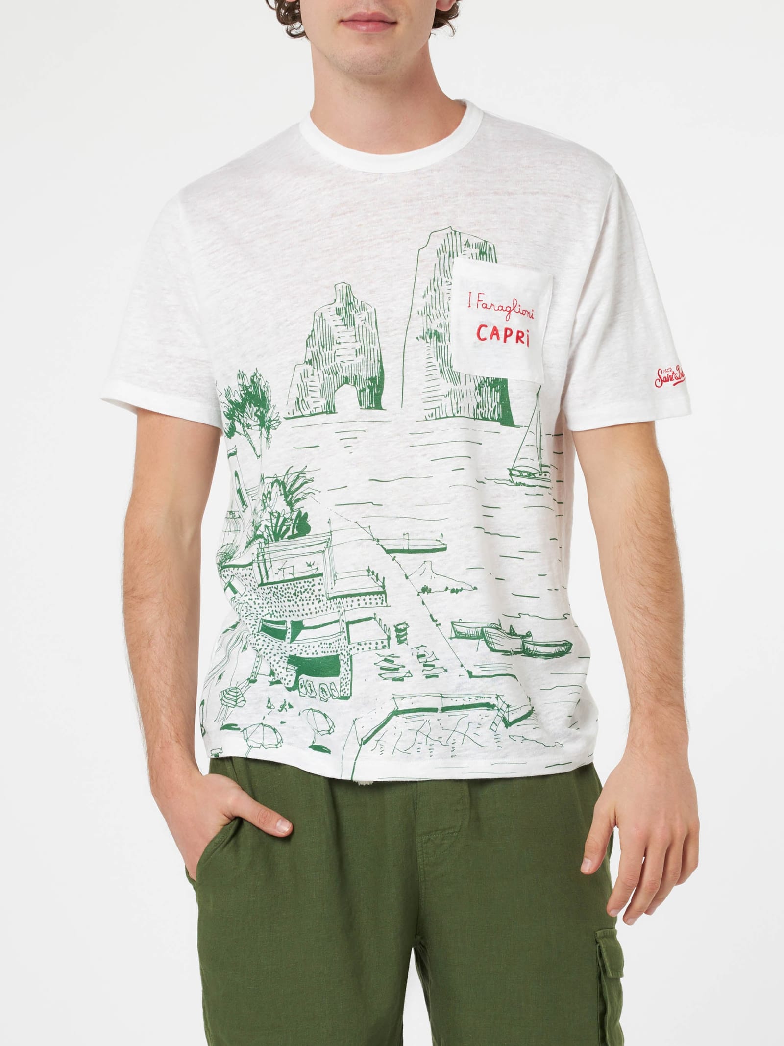Shop Mc2 Saint Barth Man Linen Jersey T-shirt Ecstasea With Capri Placed Print And Embroidered Pocket In White