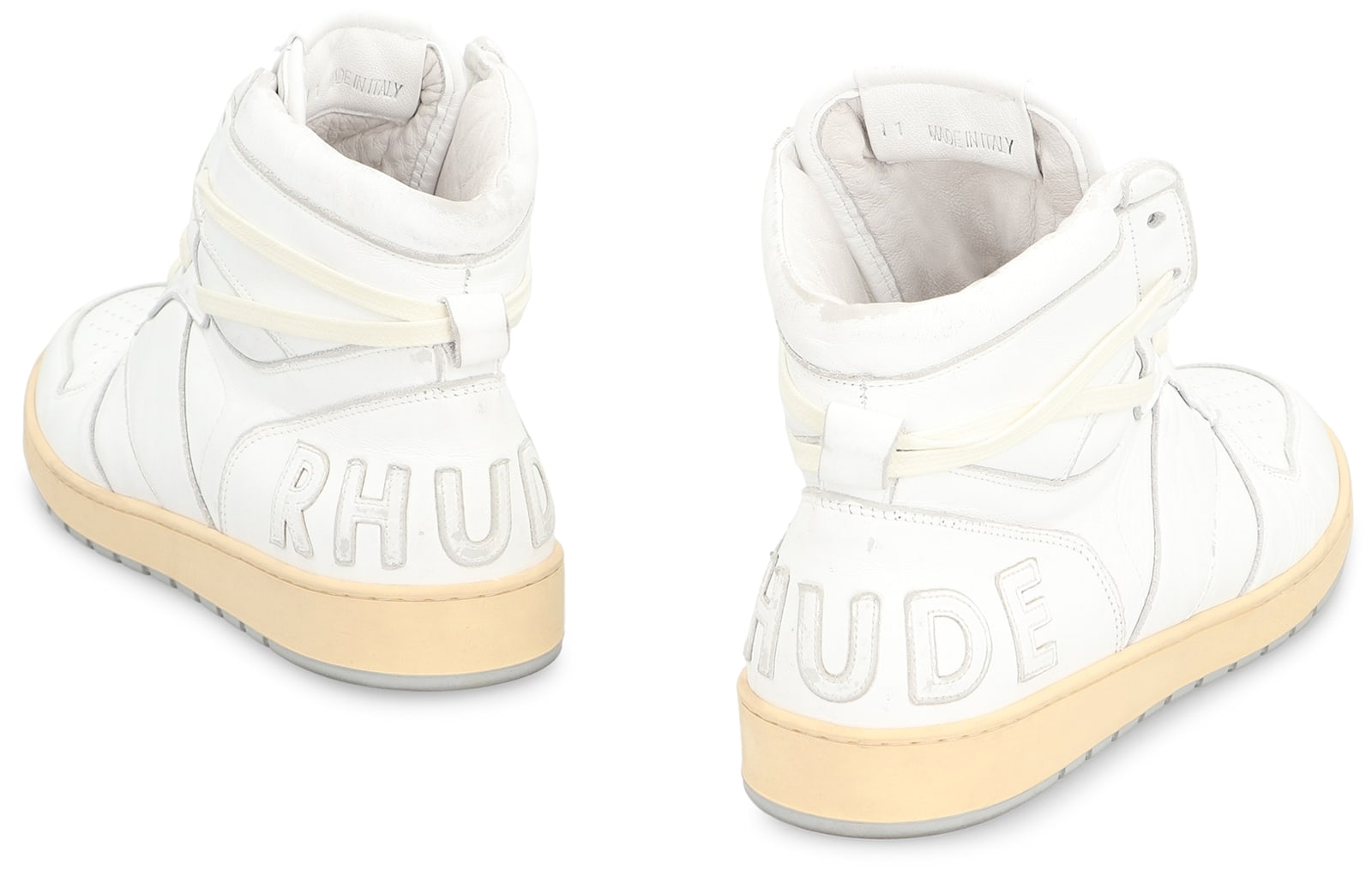 Rhude Rhecess Distressed Leather High-top Sneakers In White