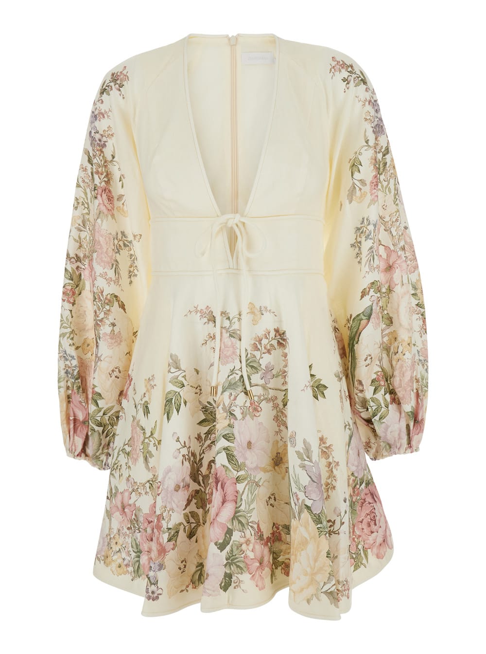 Shop Zimmermann Waverly Beige Mini Dress With Floreal Print In Linen Woman