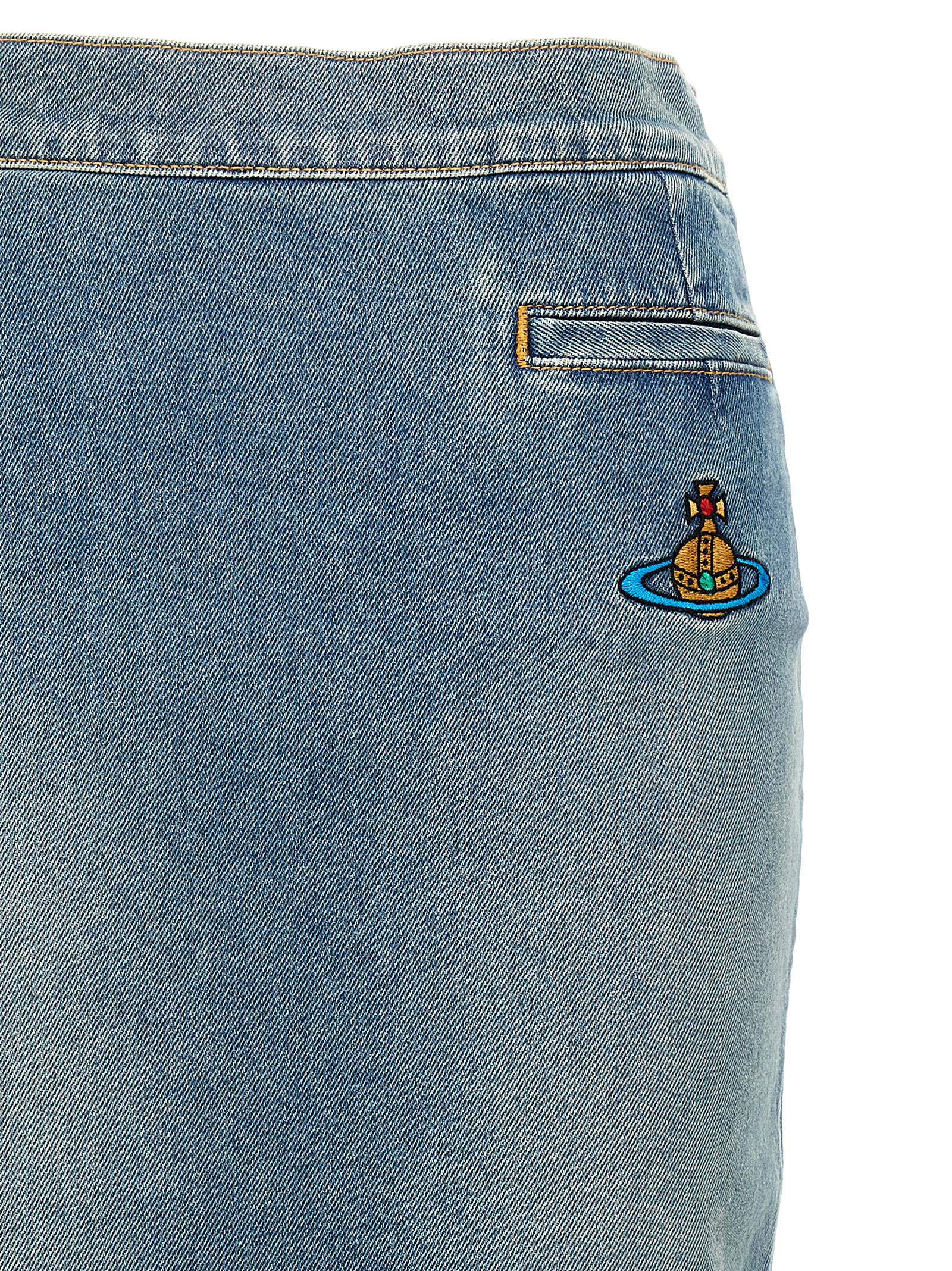 Shop Vivienne Westwood Logo Embroidery Denim Skirt In Light Blue