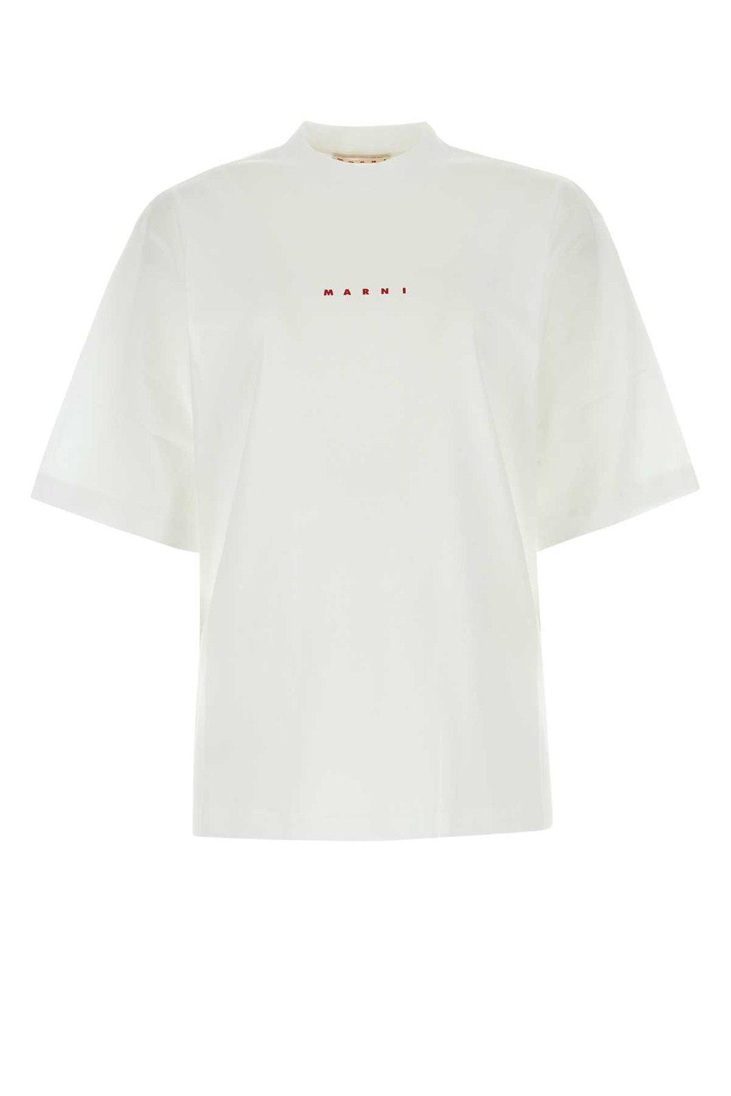 Shop Marni Logo Printed Crewneck T-shirt In White