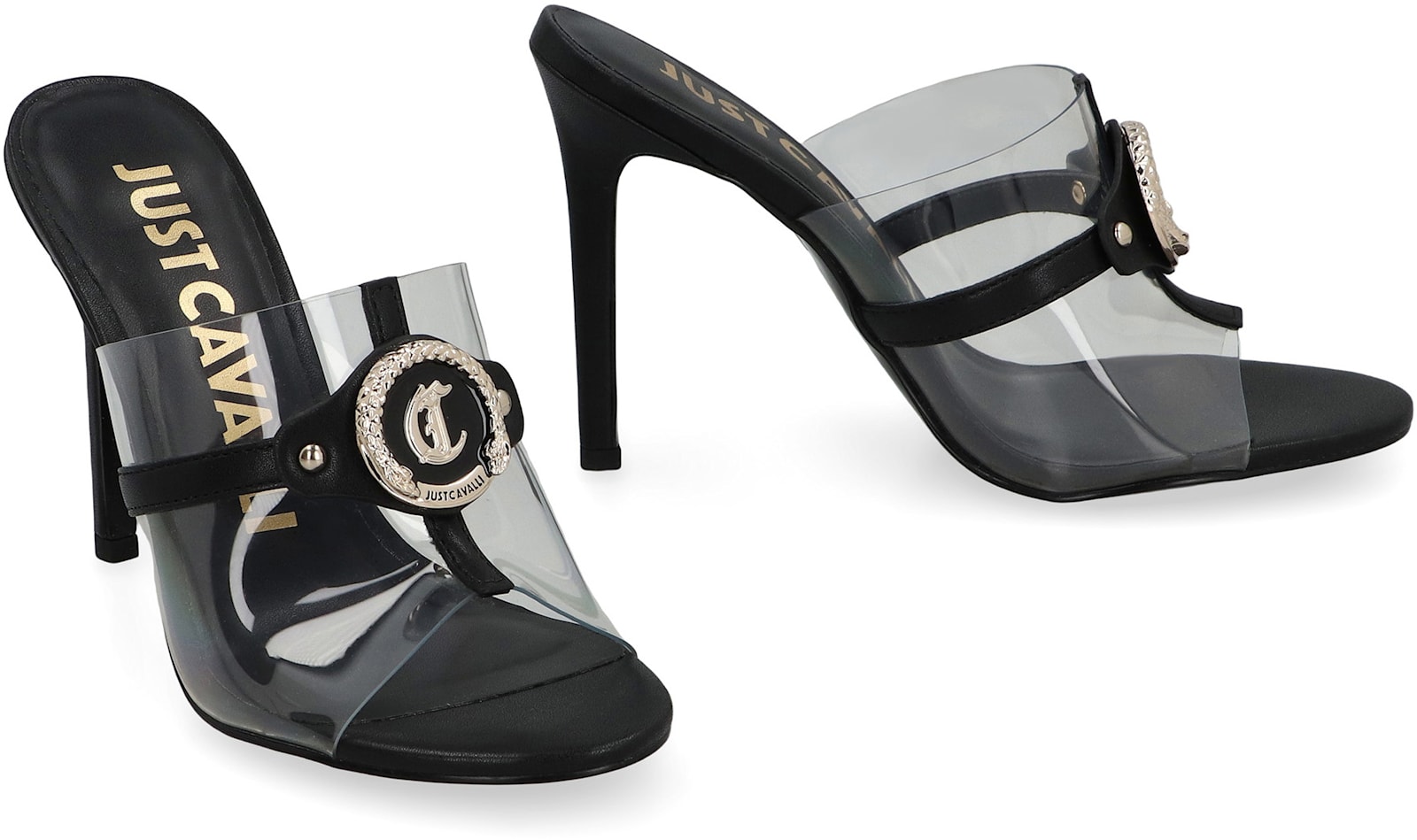 Just Cavalli 100mm Logo-plaque Clear-panel Mules In Black