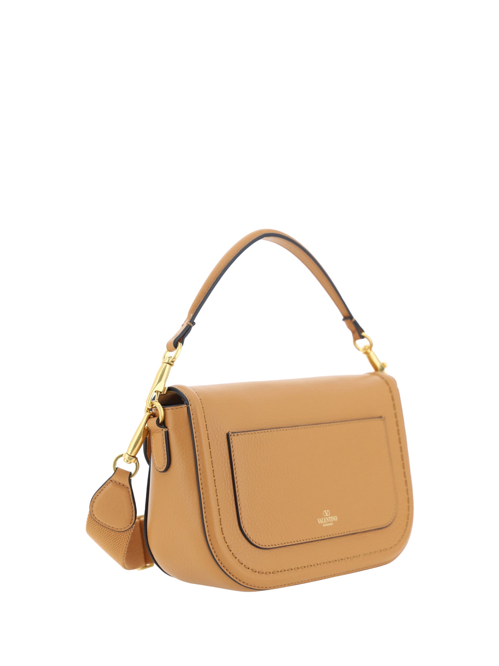Valentino Garavani Almond Beige Calf Leather Alltime Shoulder Bag In Brown