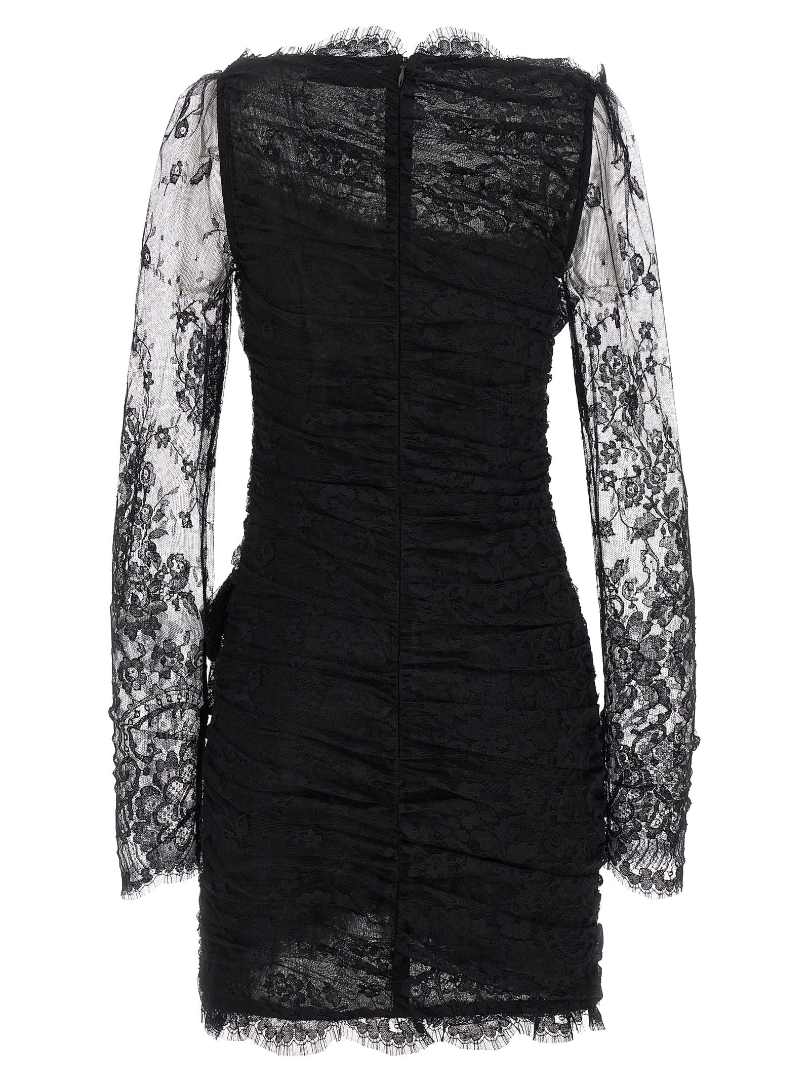 Alessandra Rich Draped Lace Mini Dress With Plunging Neckline In Black