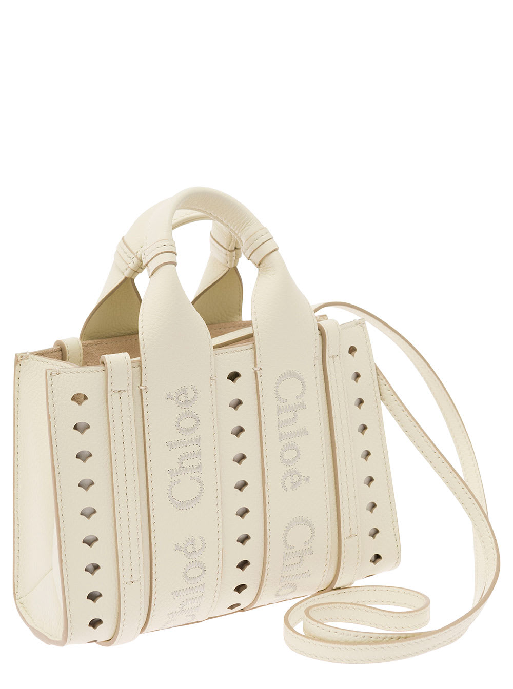 Shop Chloé Mini White Tote Bag With Logo Embroidery And Cut-out In Leather Woman