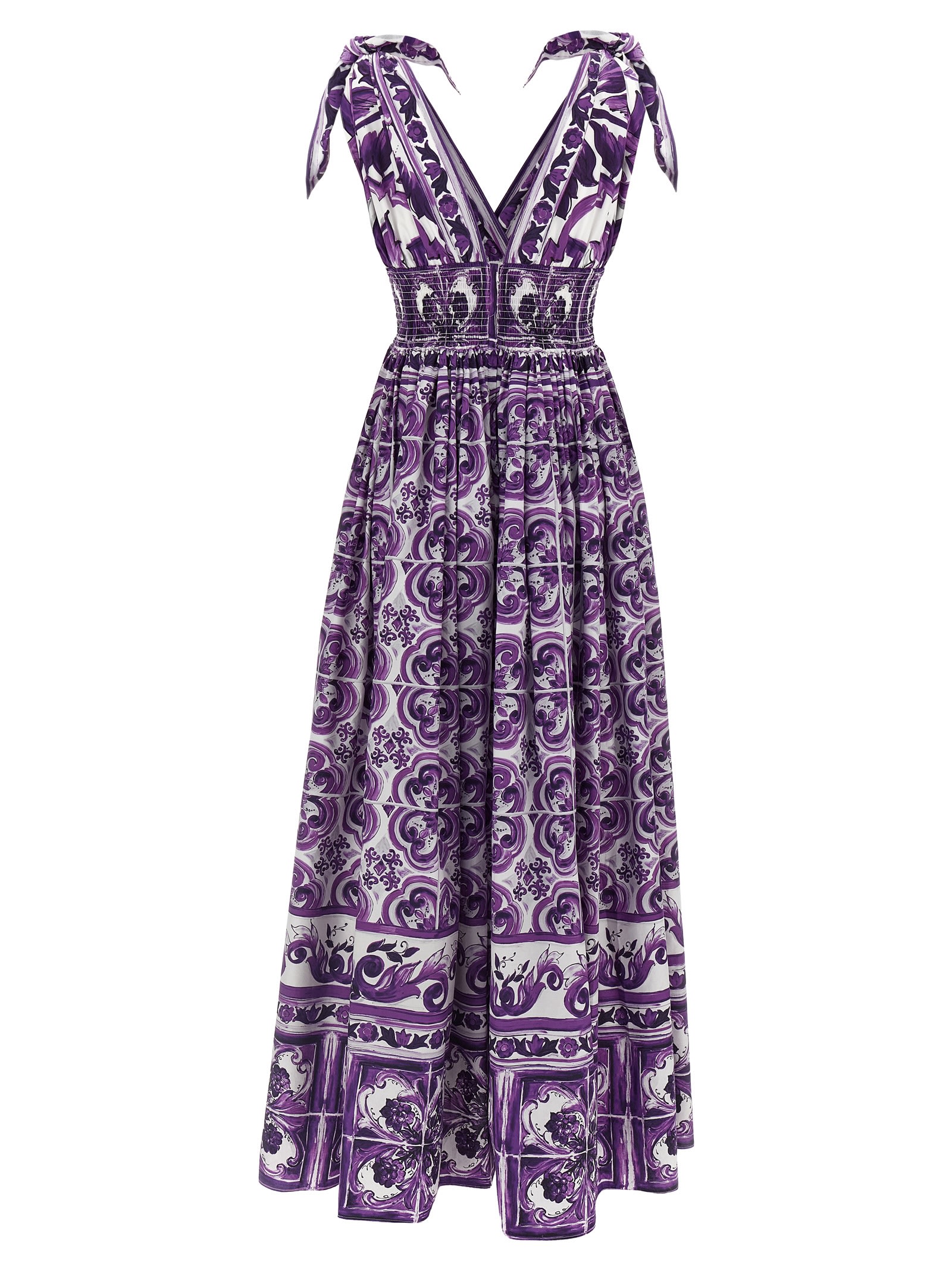 Dolce & Gabbana Smocked V-neck Maxi Dress With Tie Straps In Purple