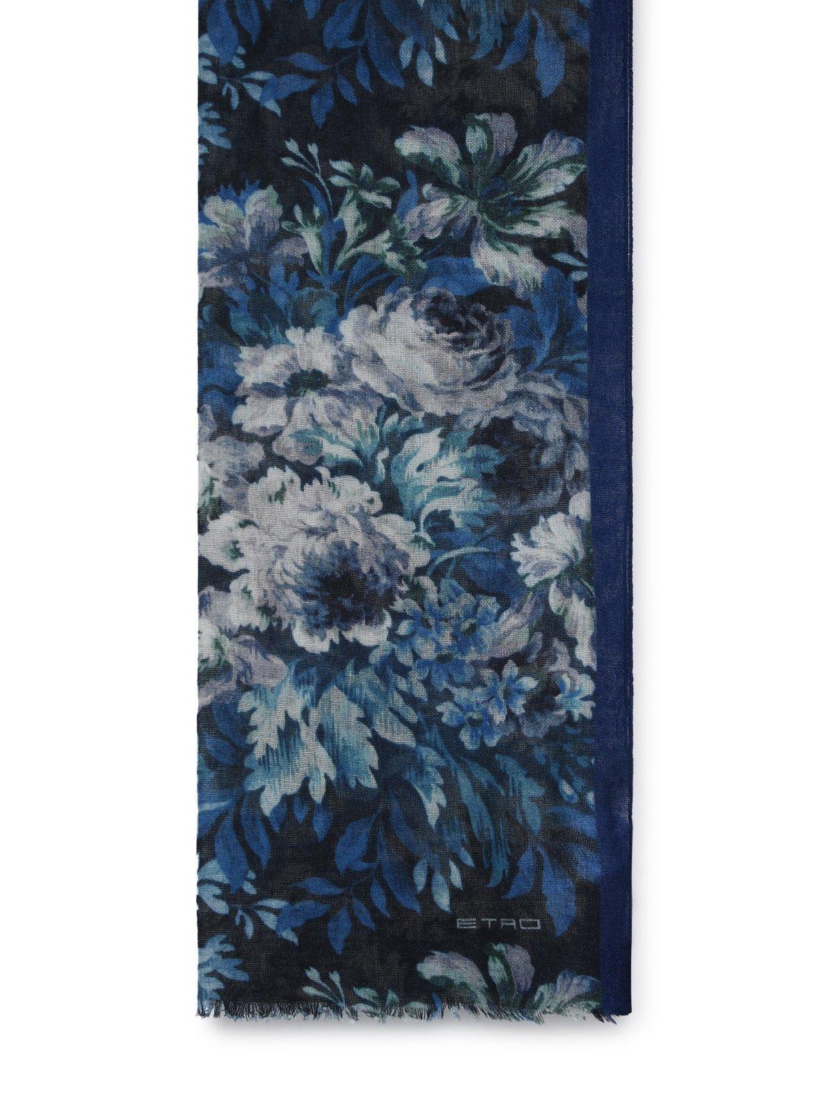 Shop Etro Floral Printed Frayed Edge Scarf In Blue