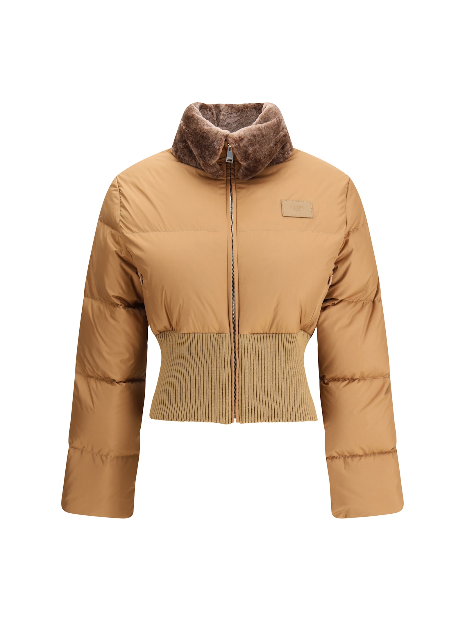 Fendi Cropped Down Jacket With Shearling Lining In Brown