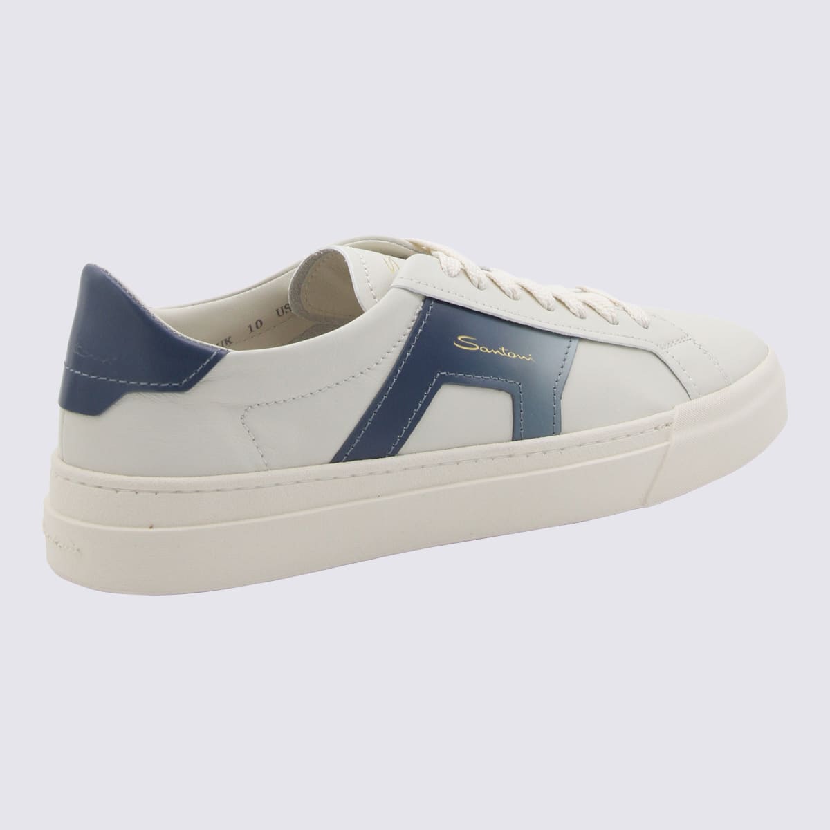 Shop Santoni White And Blue Leather Buckle Sneakers