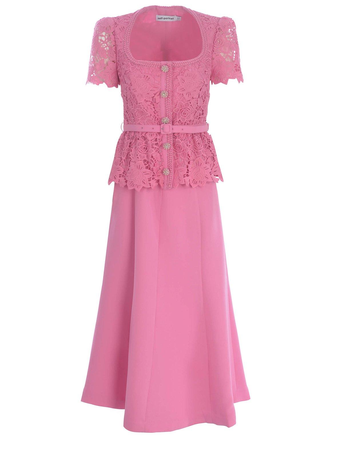 Shop Self-portrait Belted Tailored Midi Lace Dress In Pink