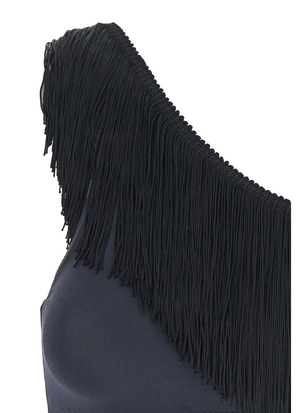 Shop Forte Forte Black One-shoulder Top With Fringe Embellishments In Tech Fabric Stretch Woman