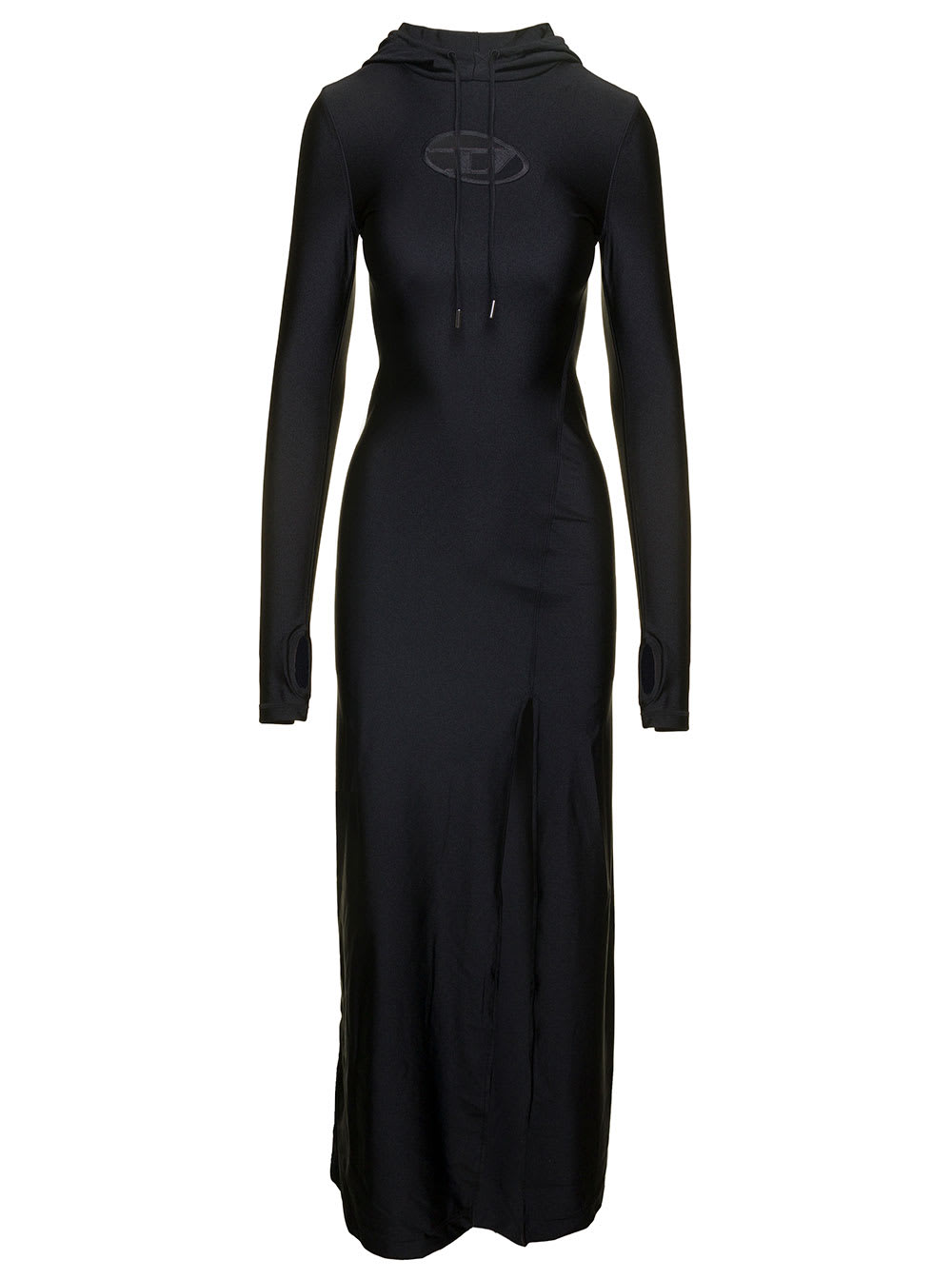DIESEL MATHILDE LONG BLACK DRESS WITH OVAL-D LOGO DETAIL IN TECH FABRIC WOMAN