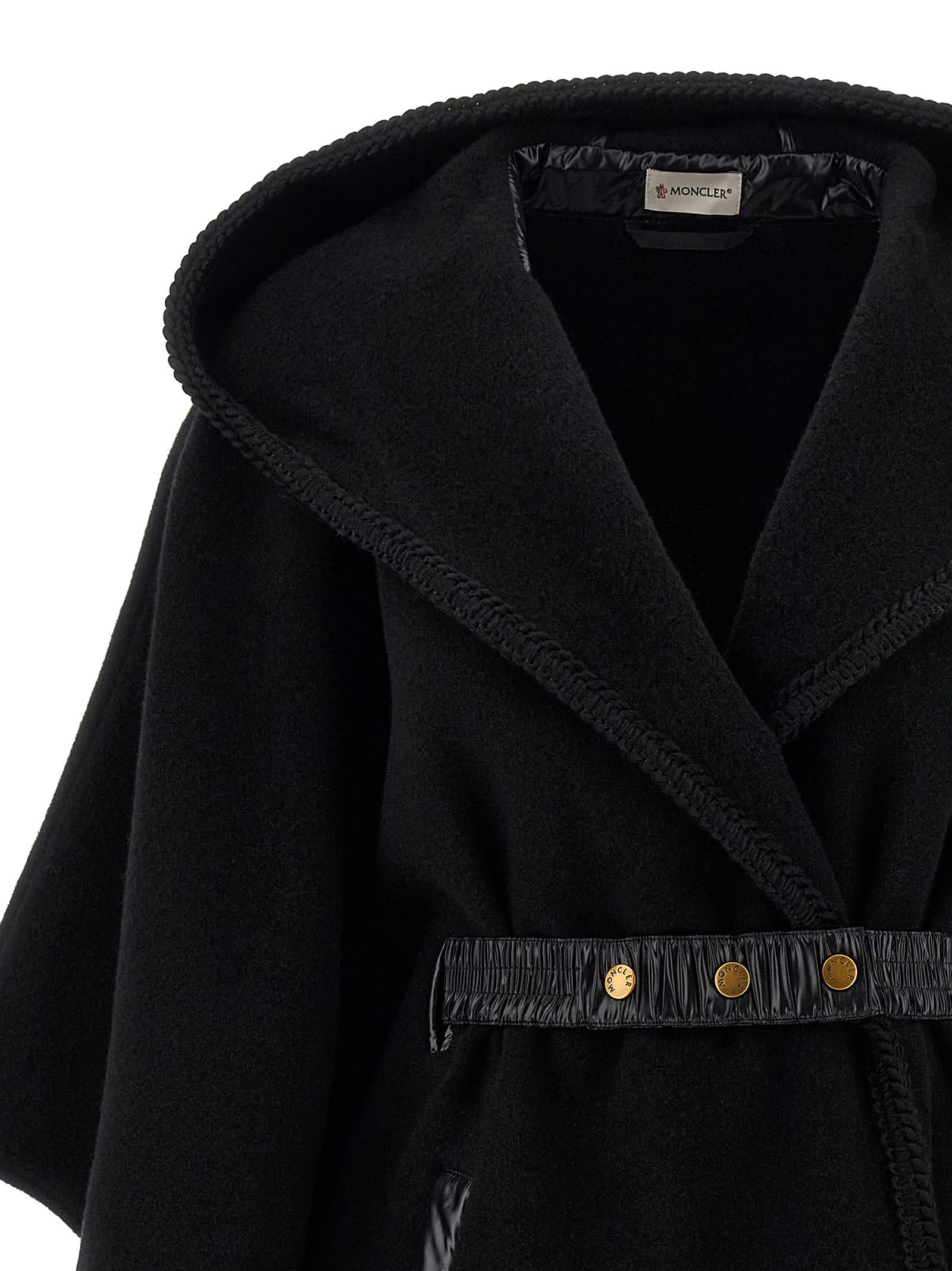 Moncler Hooded Cape With Belted Waist And Fringed Hem In Black