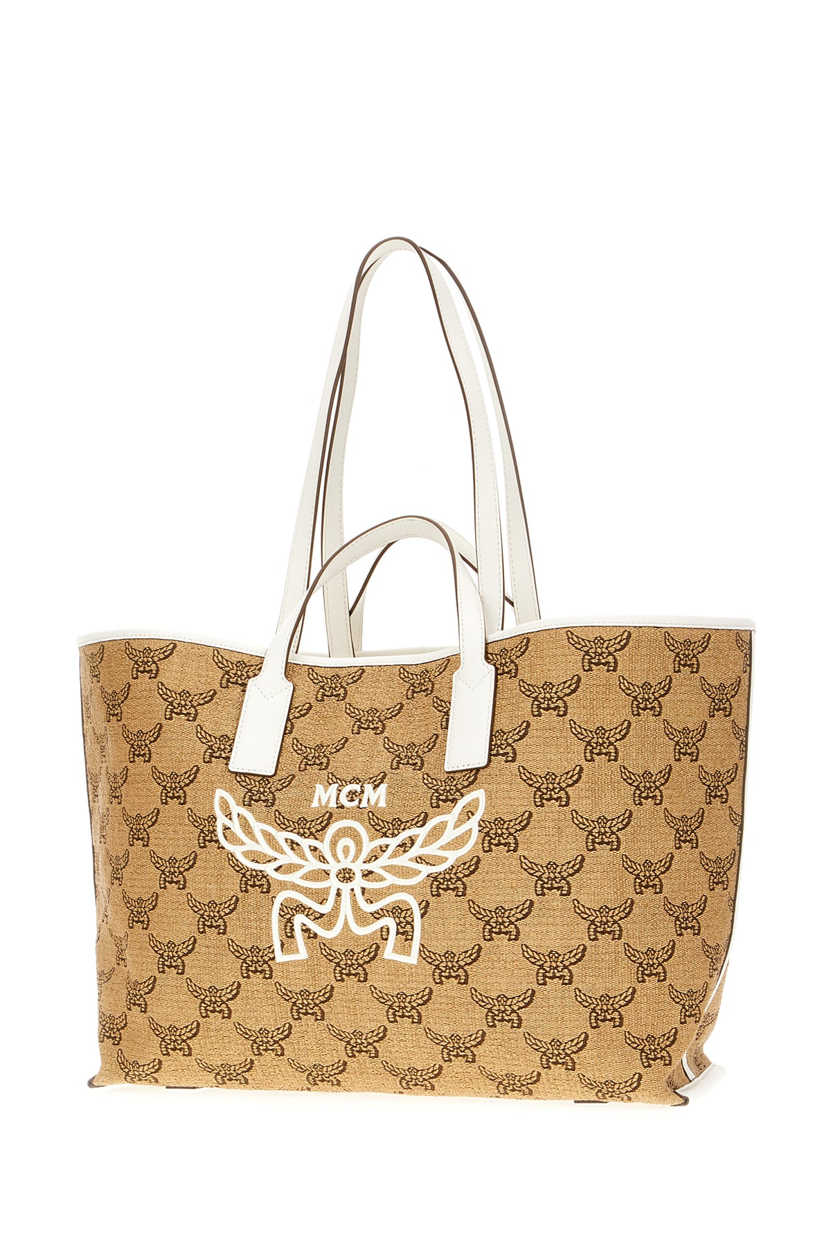Mcm Printed Synthetic Leather Shopping Bag In Natural