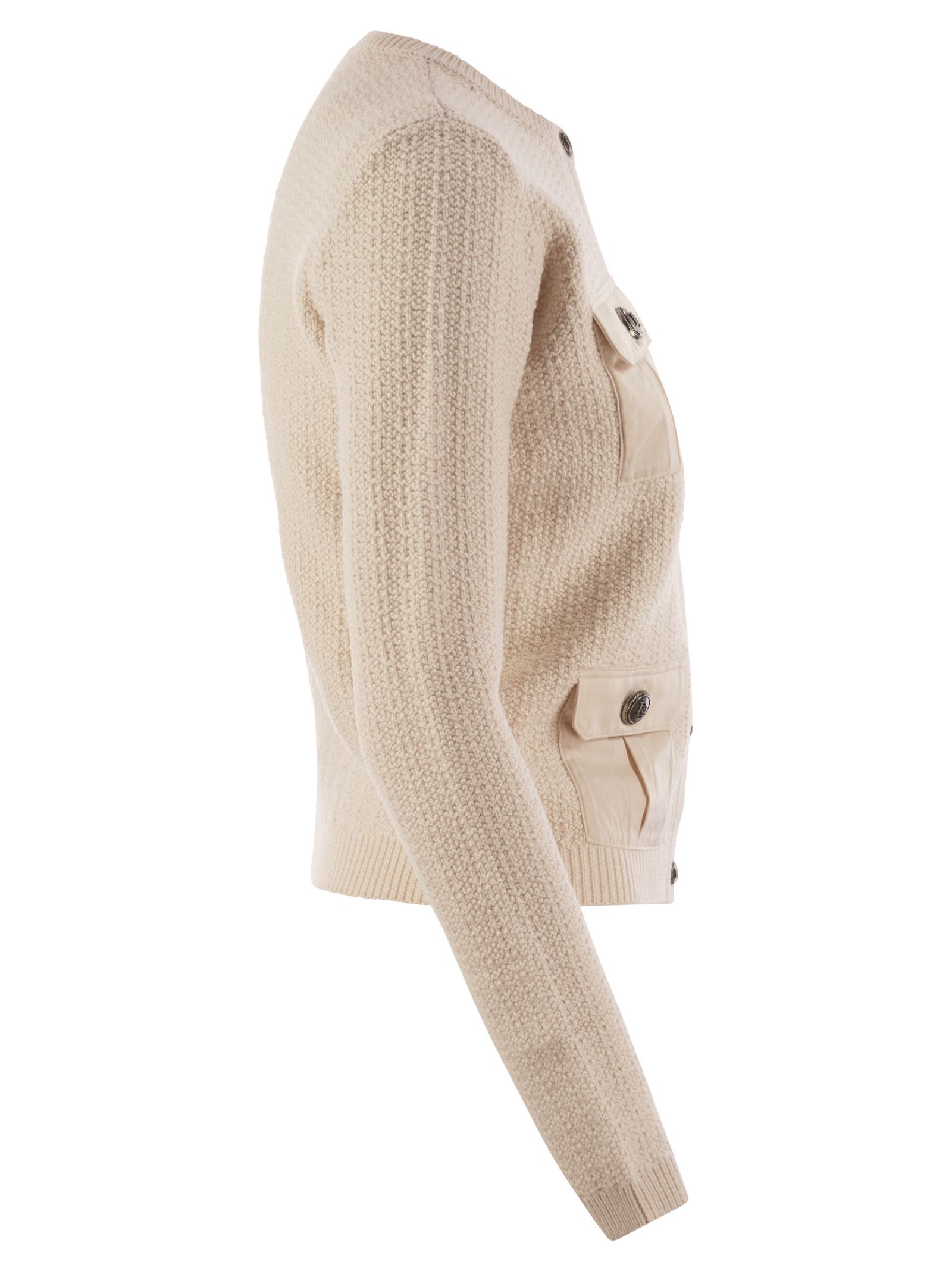 Shop Elisabetta Franchi Bouclé Wool Cardigan With Technical Sail Cloth Pockets In Light Beige