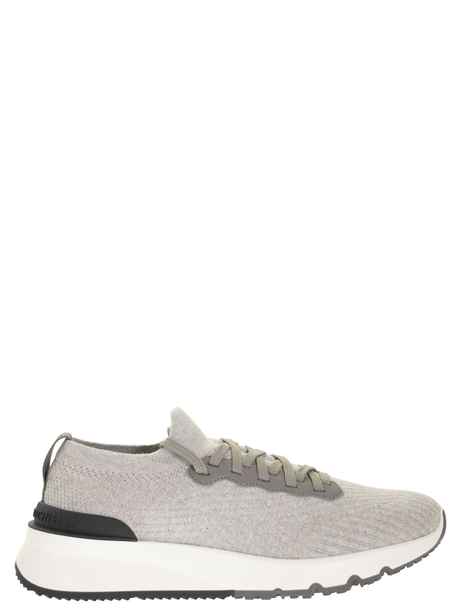 Brunello Cucinelli Runners In Cotton Knit And Semi-glossy Calf Leather In White