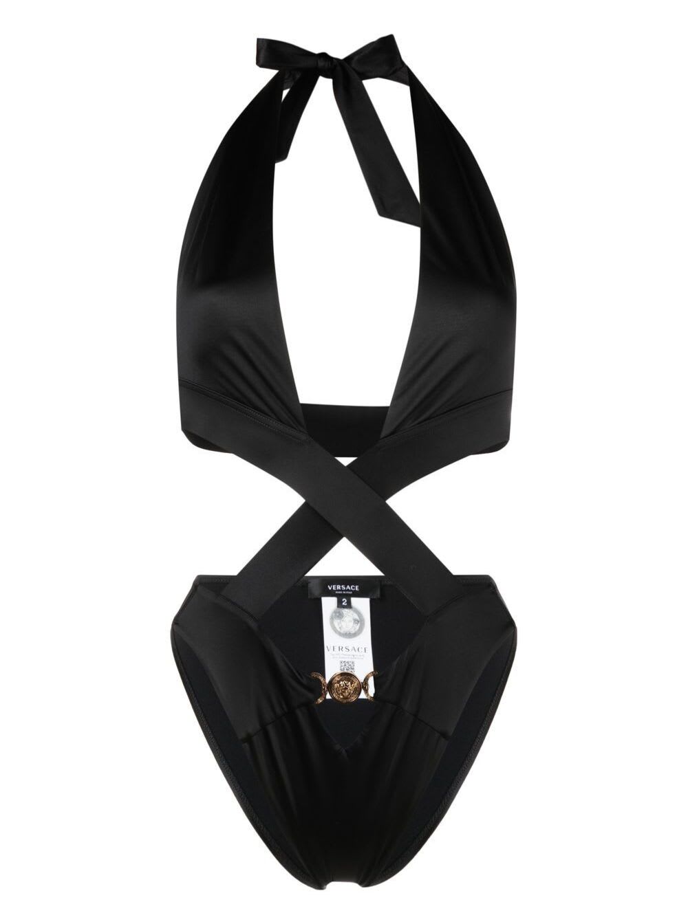 Versace Crossed Cutout One Piece Swimsuit In Black