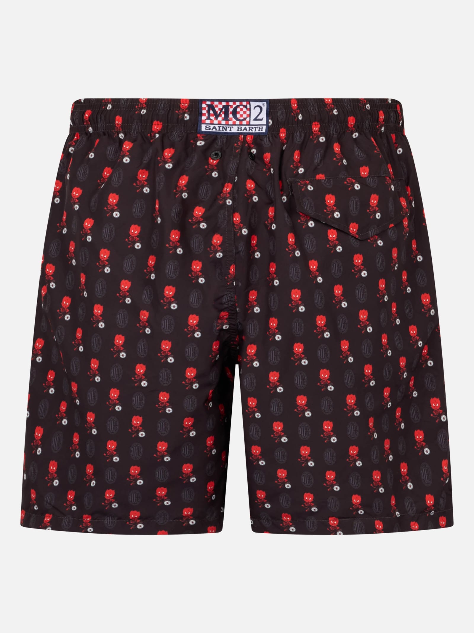 Mc2 Saint Barth Man Lightweight Fabric Swim Shorts With Milan Logo Print And Patch Ac Milan Special Edition In Black