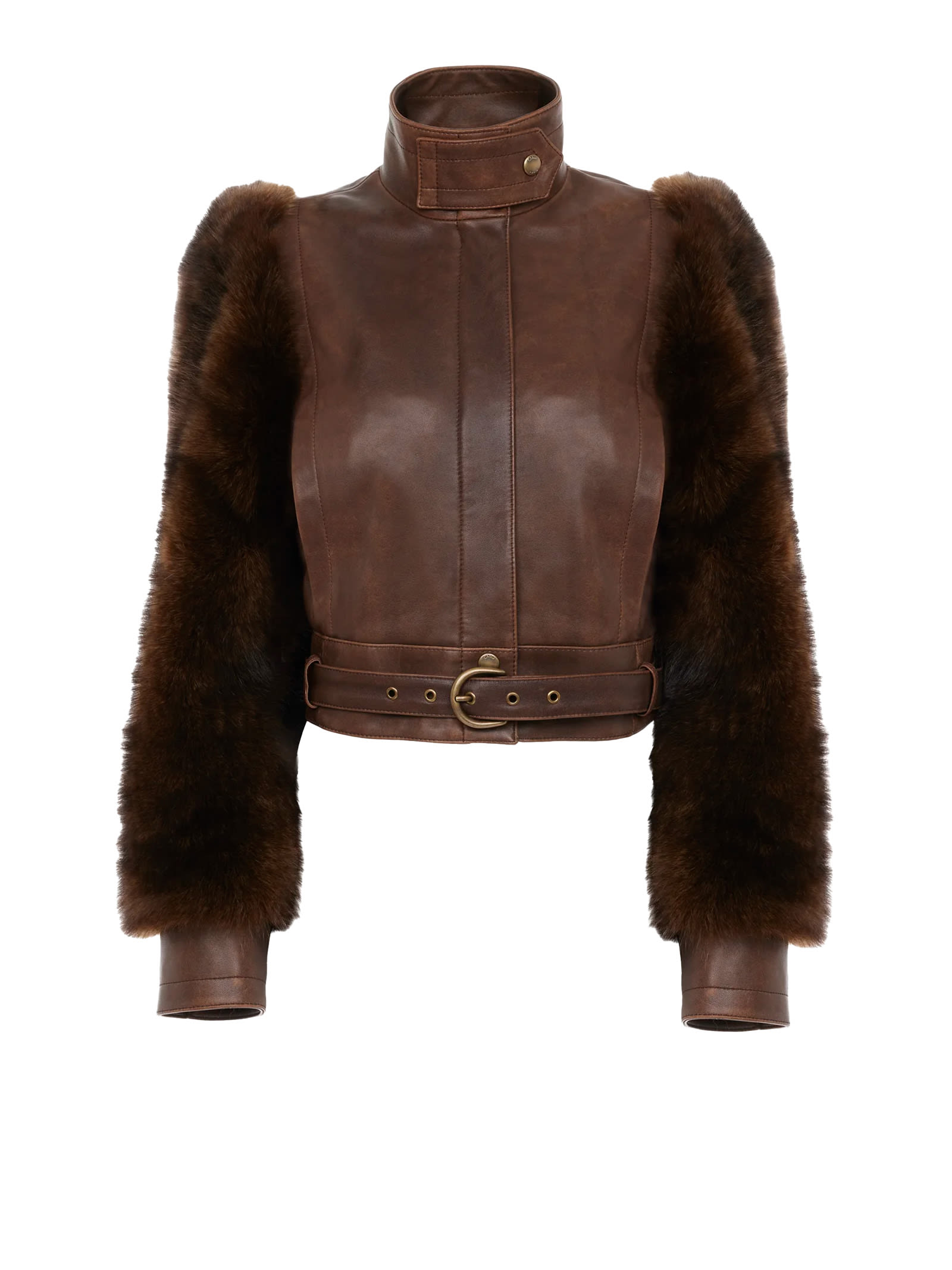 Chloé Leather Jacket With Belted Waist And Fur Sleeves In Brown