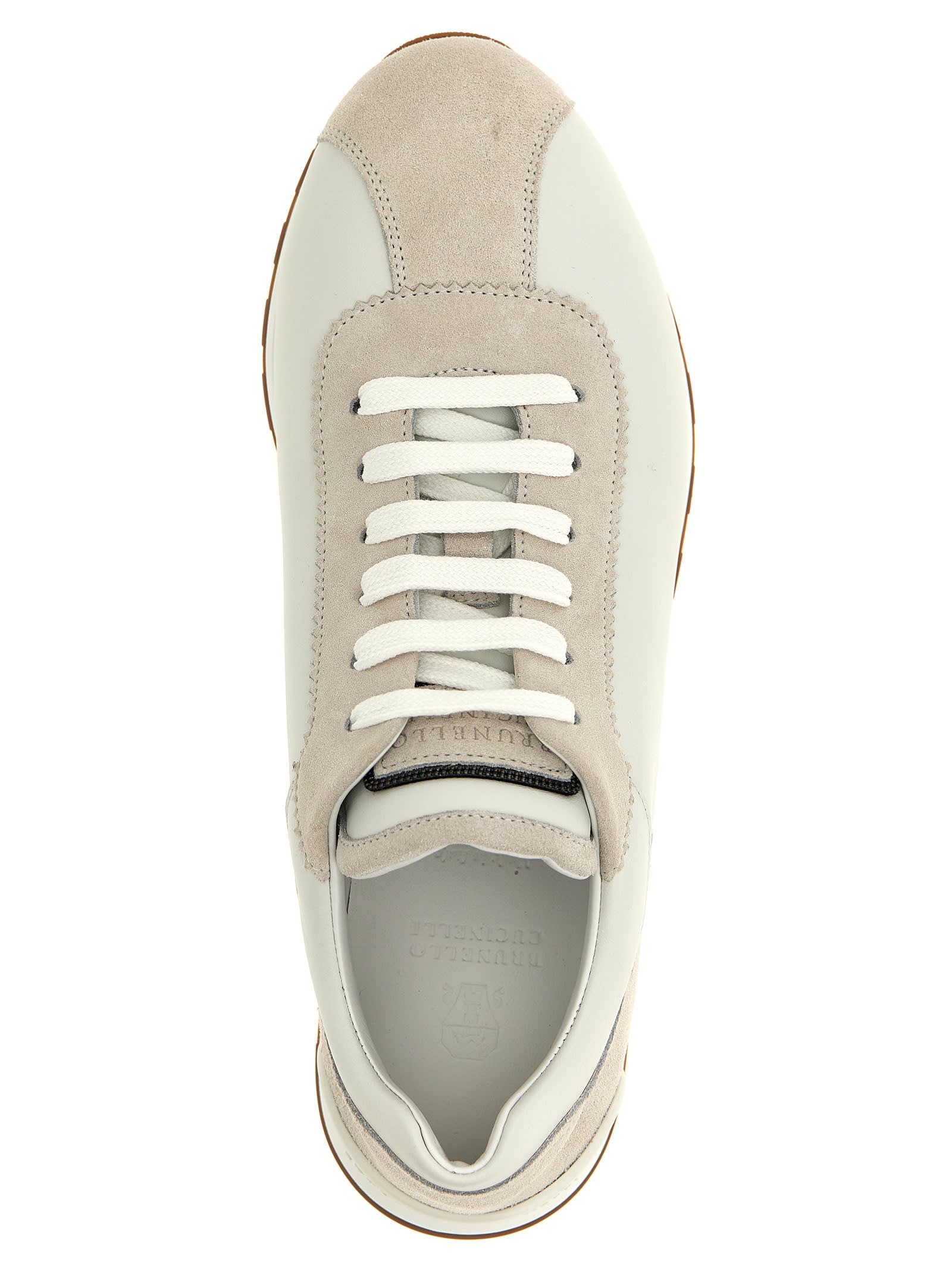 Brunello Cucinelli Embellished Suede-trimmed Stretch-knit Sneakers In Beige