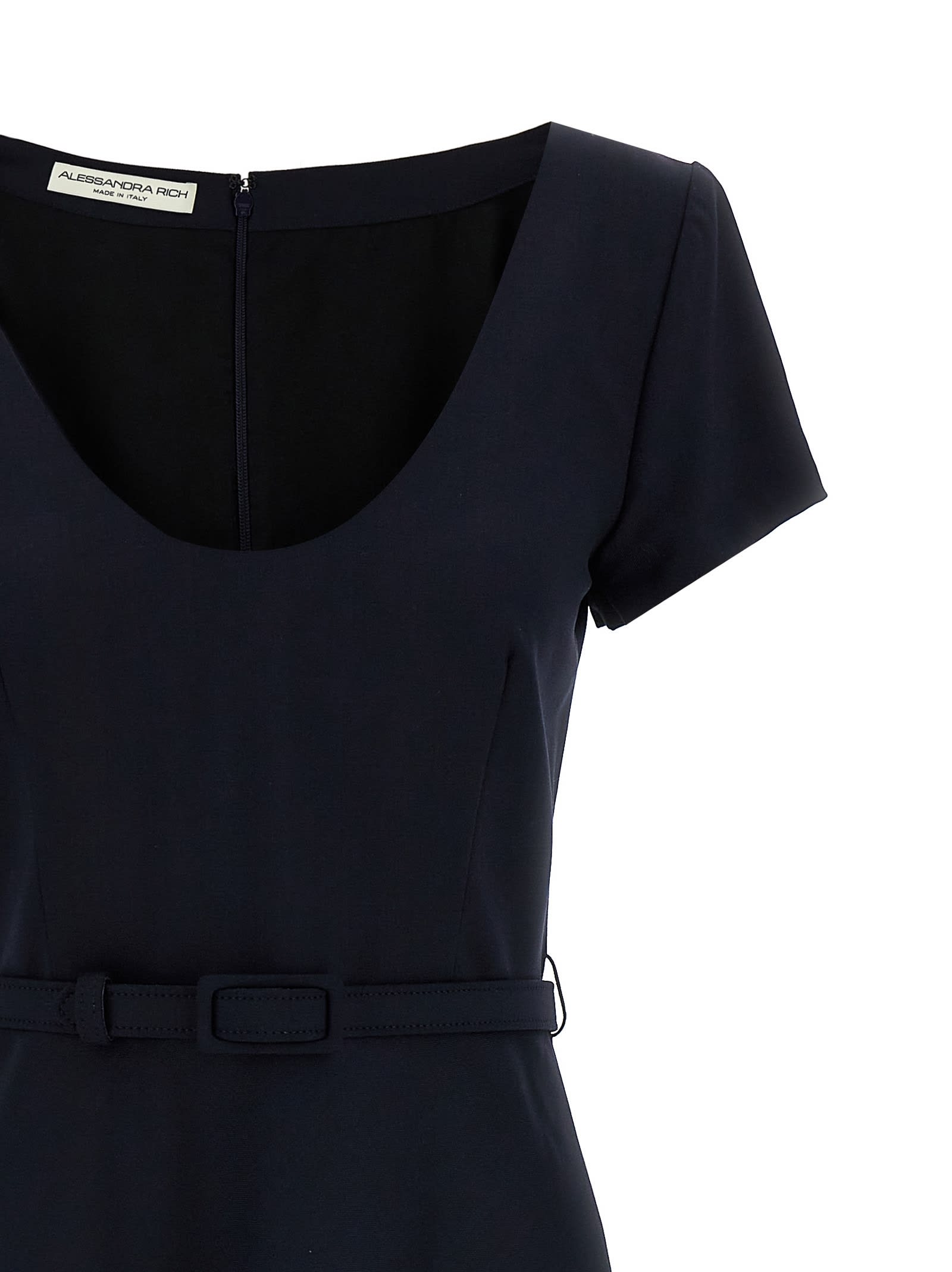 Alessandra Rich Light Wool Midi Dress With Belted Waist In Blue