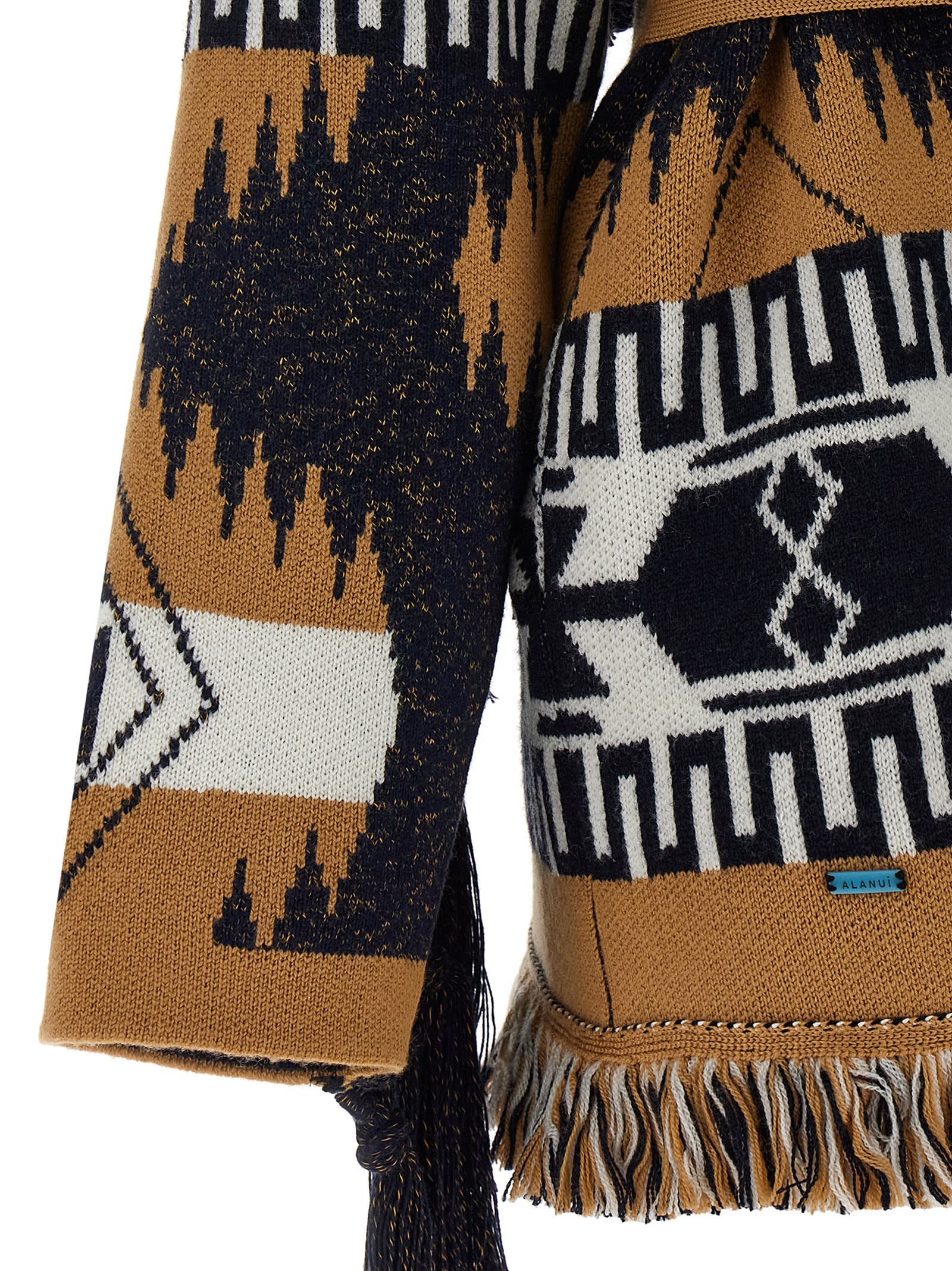Alanui Waist Belt Fringe Geometric Pattern Long Sleeves Cardigan In Multicolor