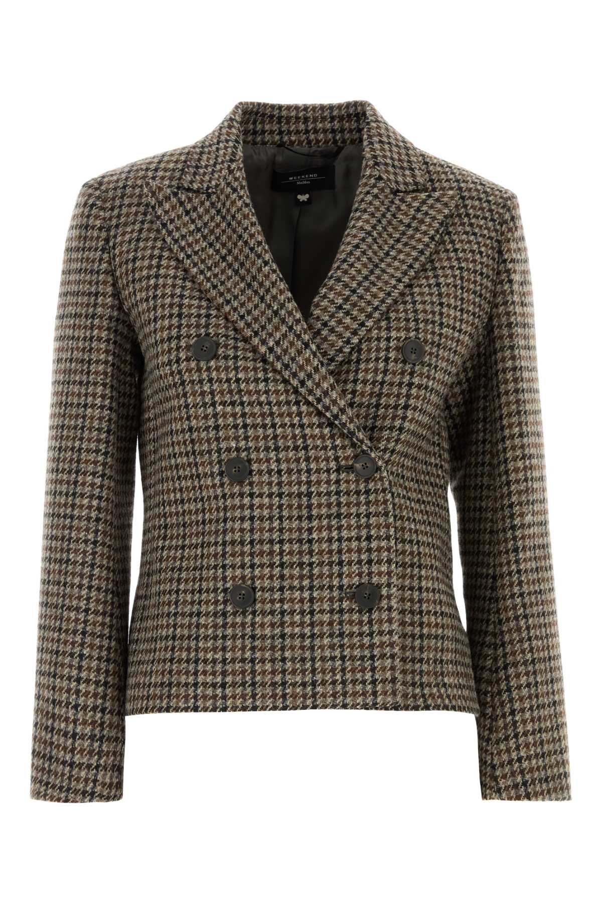 Shop Weekend Max Mara Embroidered Houndstooth Nausica Blazer In Pied De Poule Grigio