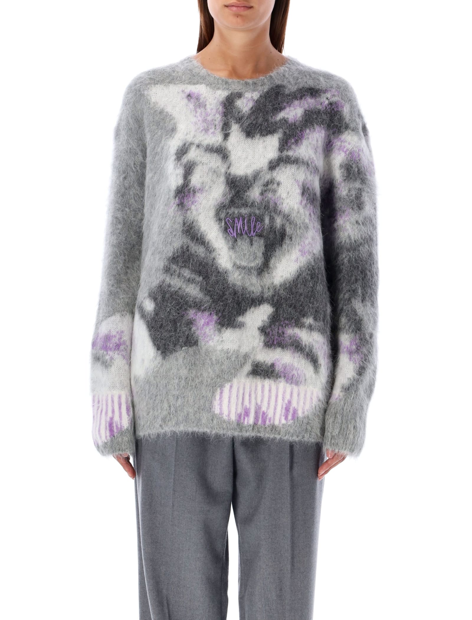 Shop Stella Mccartney Cat Intarsia Sweater In Grey Multi