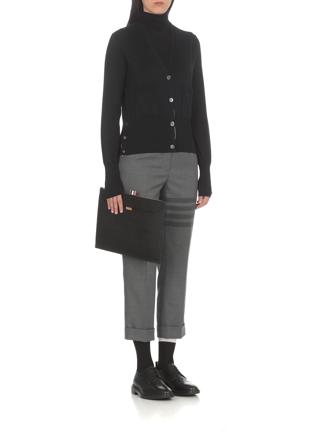 Thom Browne Black Short Sleeve Sweater With 4-bar Detail In Wool Woman