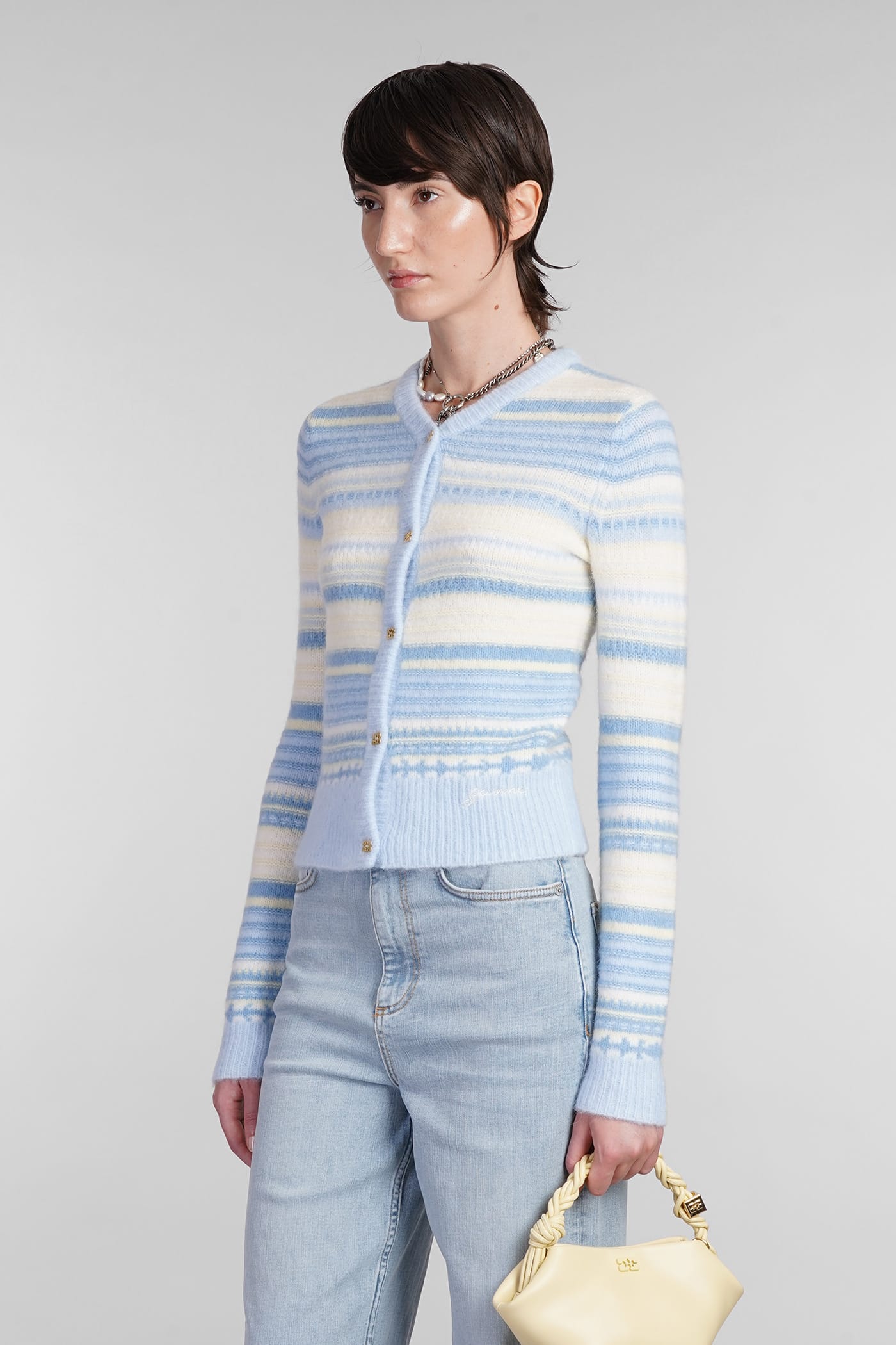 Shop Ganni Cardigan In Cyan Wool