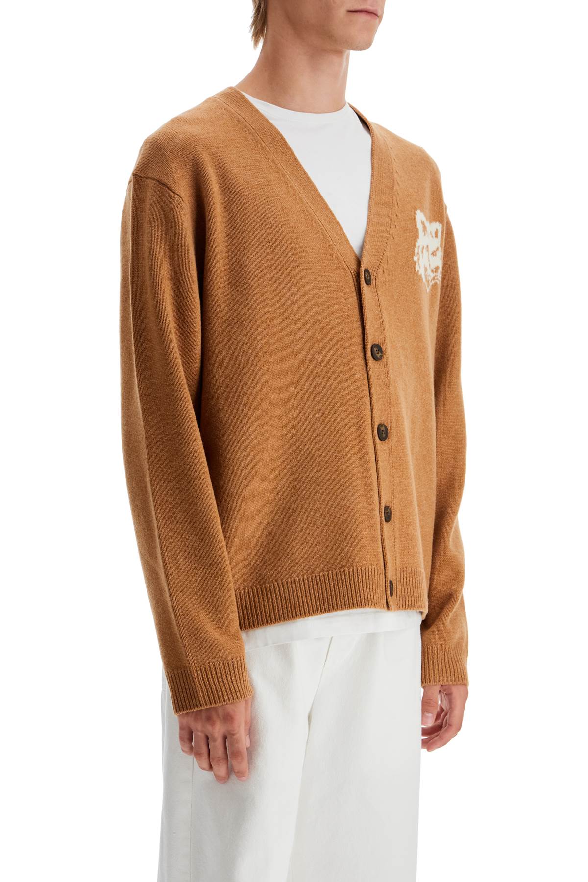 Shop Maison Kitsuné Fox Head Wool Cardigan With In Sequoia (beige)