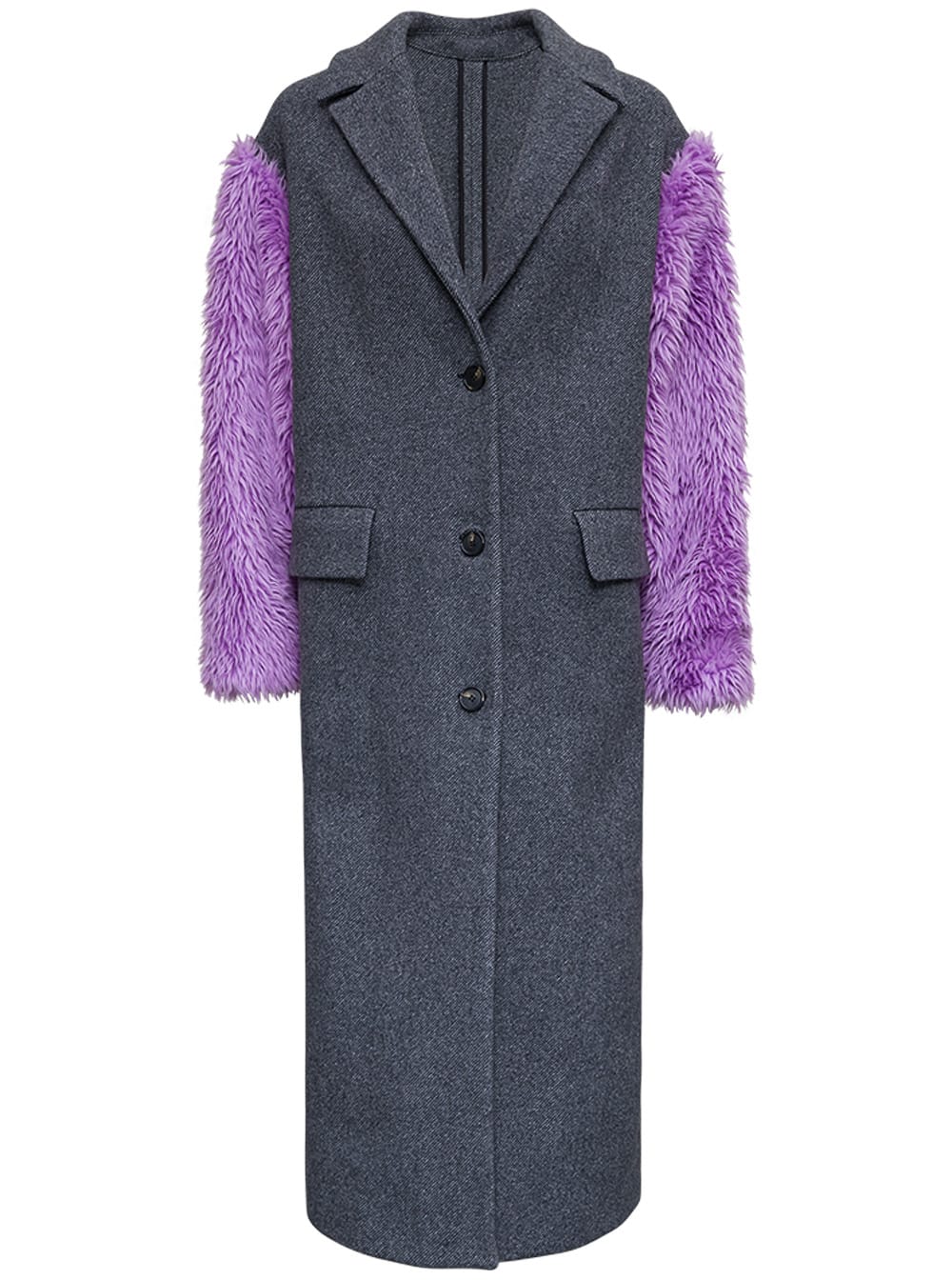 MSGM Wool Blend Long Coat With Purple Synthetic Fur Long Sleeves