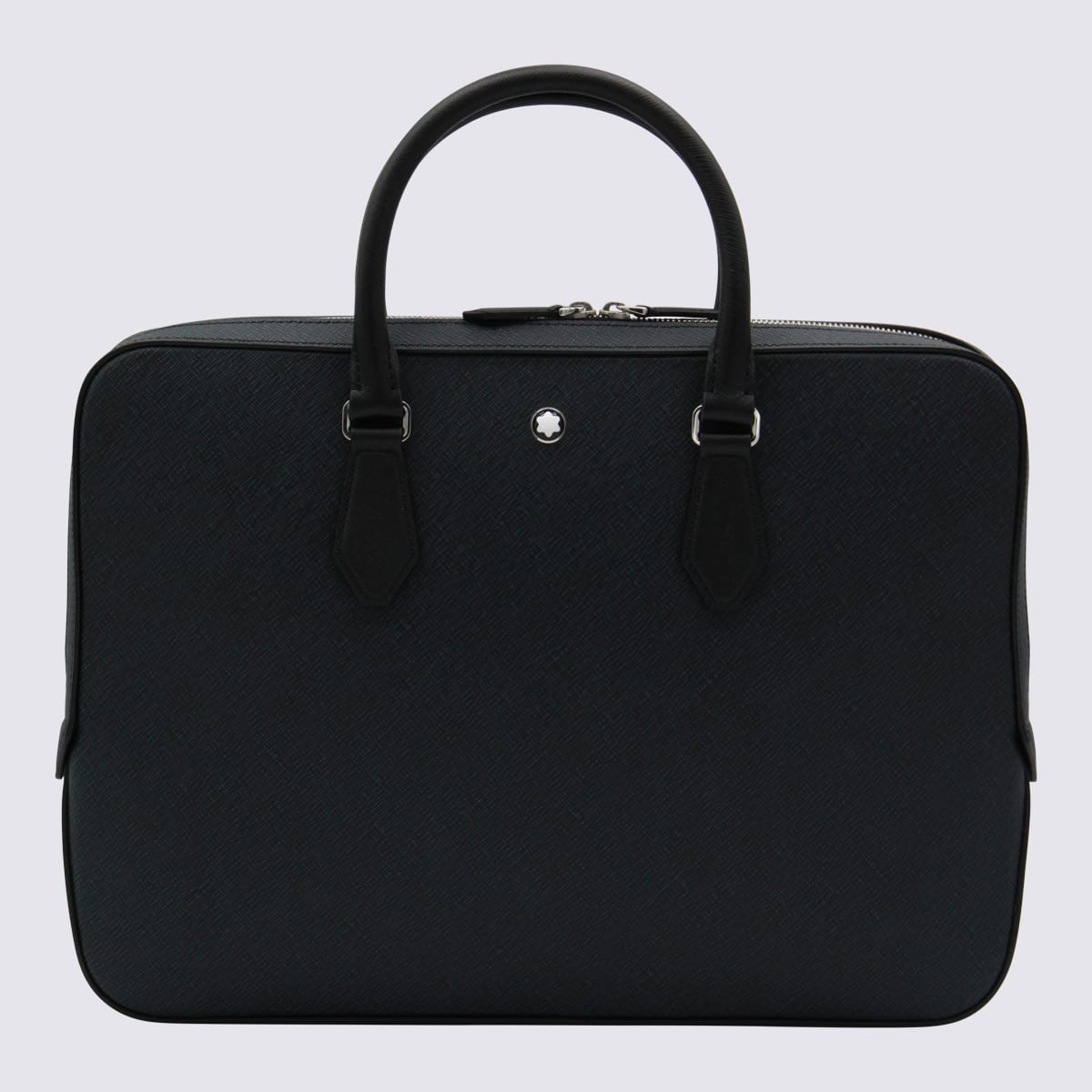 Montblanc Dark Blue Leather Top Handle Bag In Black
