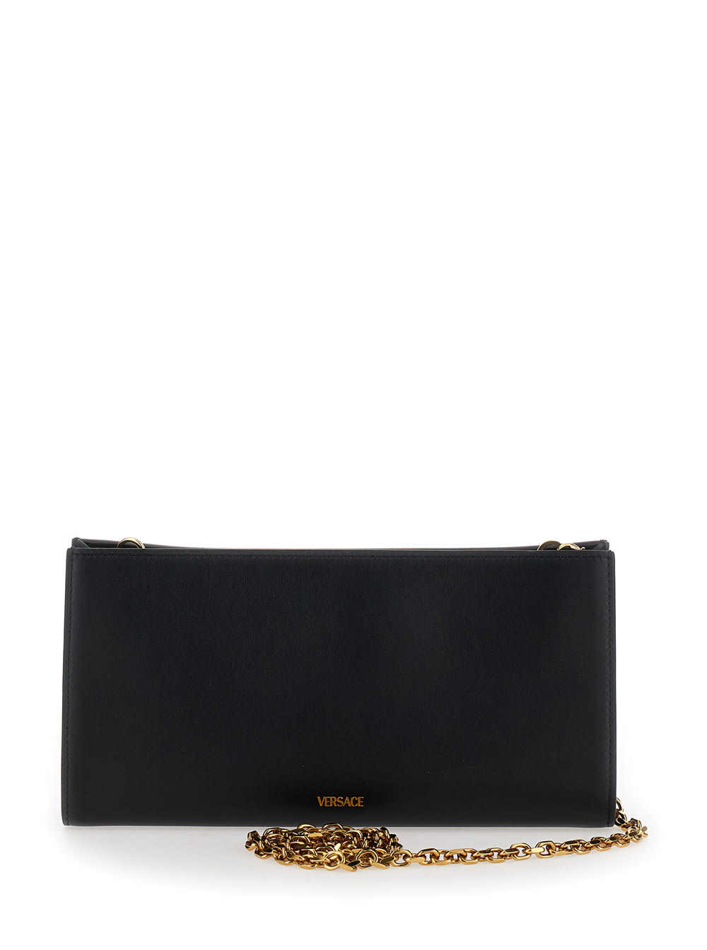 Shop Versace Medusa 95 Black Clutch With Logo Belt Detail In Leather Woman