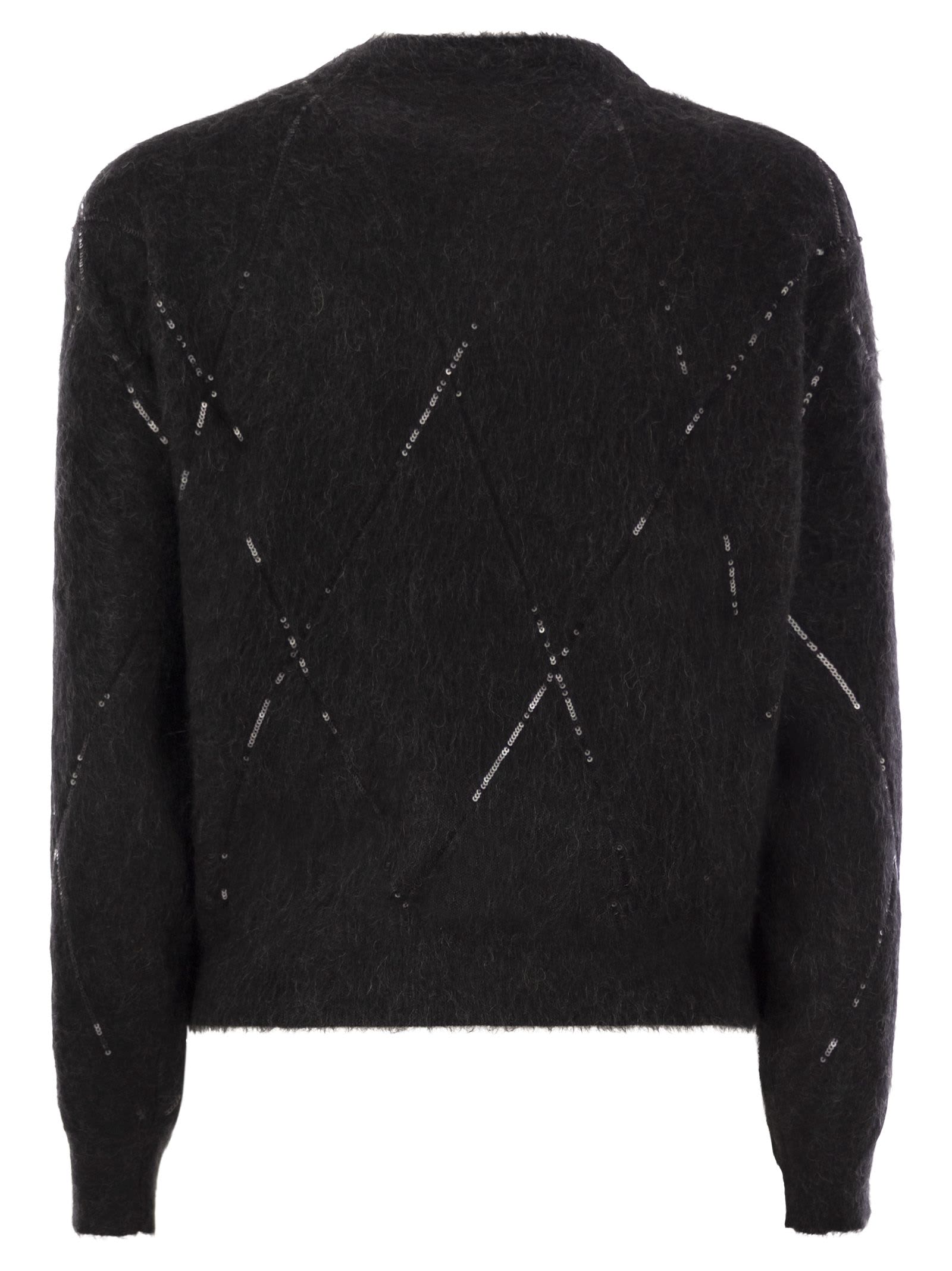 Shop Brunello Cucinelli Mohair, Wool, Cashmere And Silk Sweater With Dazzling Argyle Embroidery In Anthracite