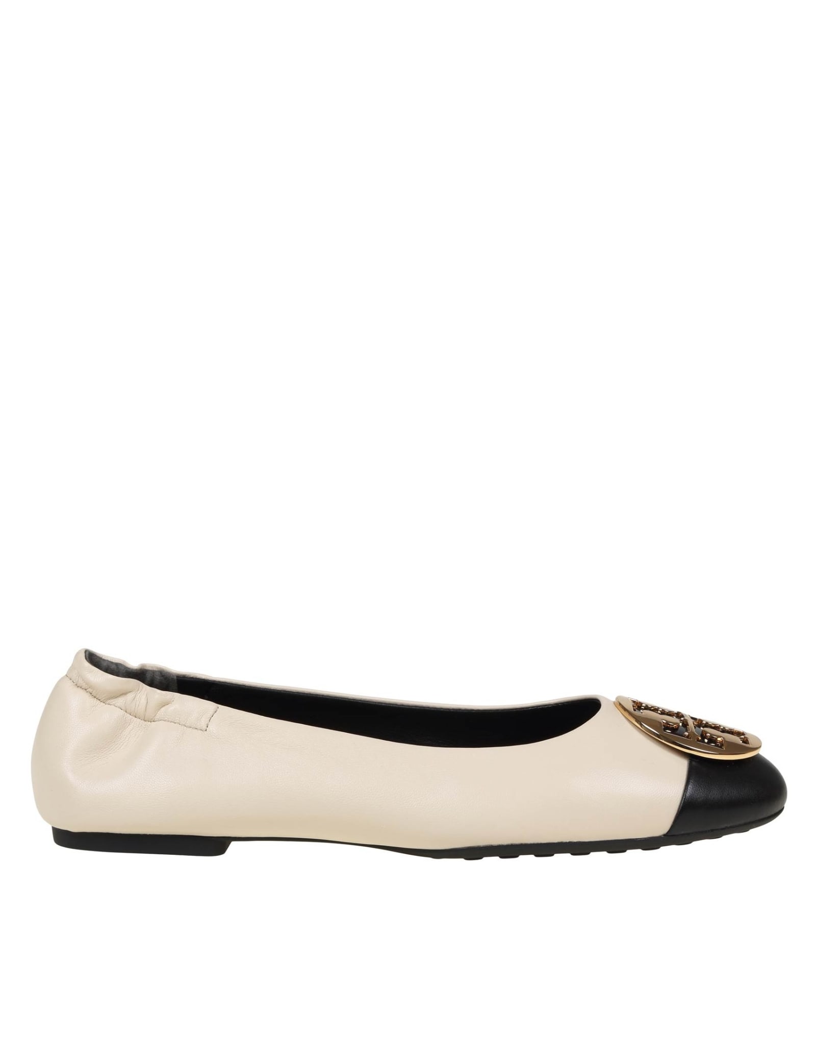 Shop Tory Burch Claire Ballerina In Leather With Logo In New Cream/black